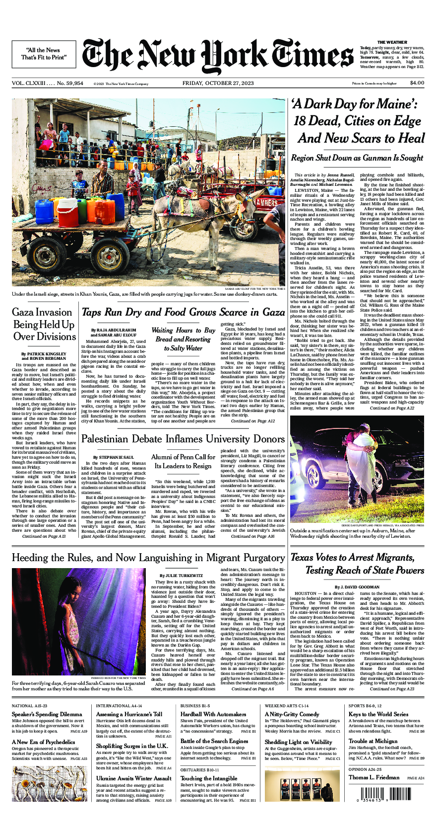 Prima-pagina-New-York-Times-del-2023-10-27