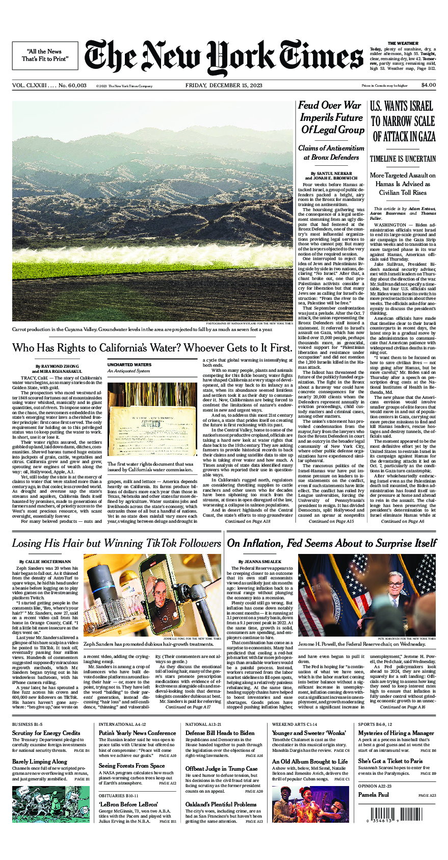 Prima-pagina-New-York-Times-del-2023-12-15