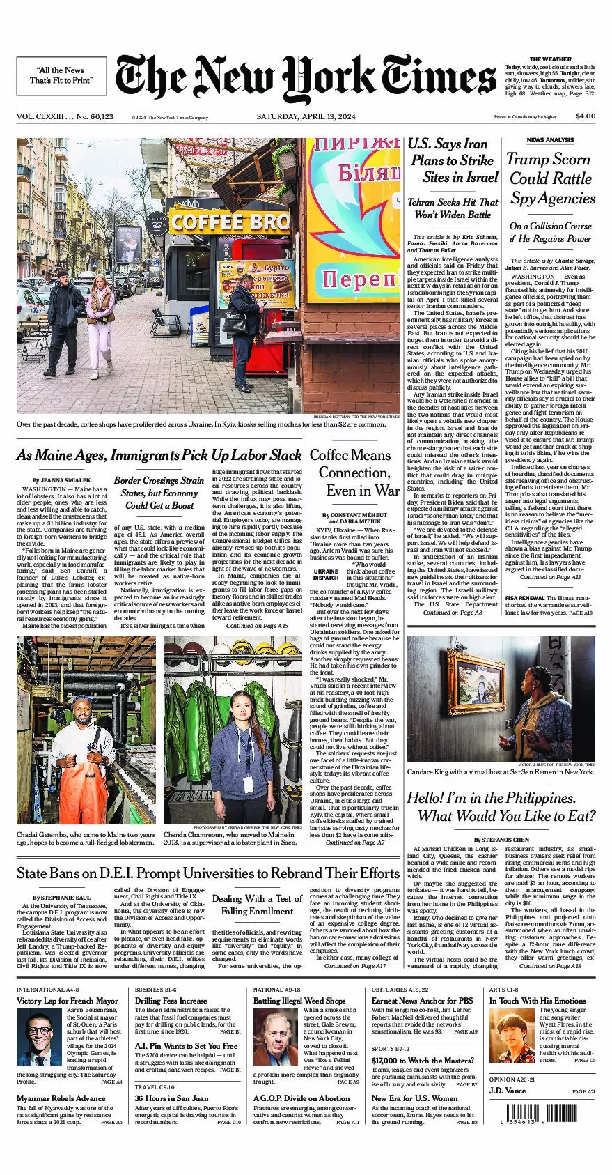 Prima-pagina-del-New-York-Times-edizione-di-oggi-2024-04-13