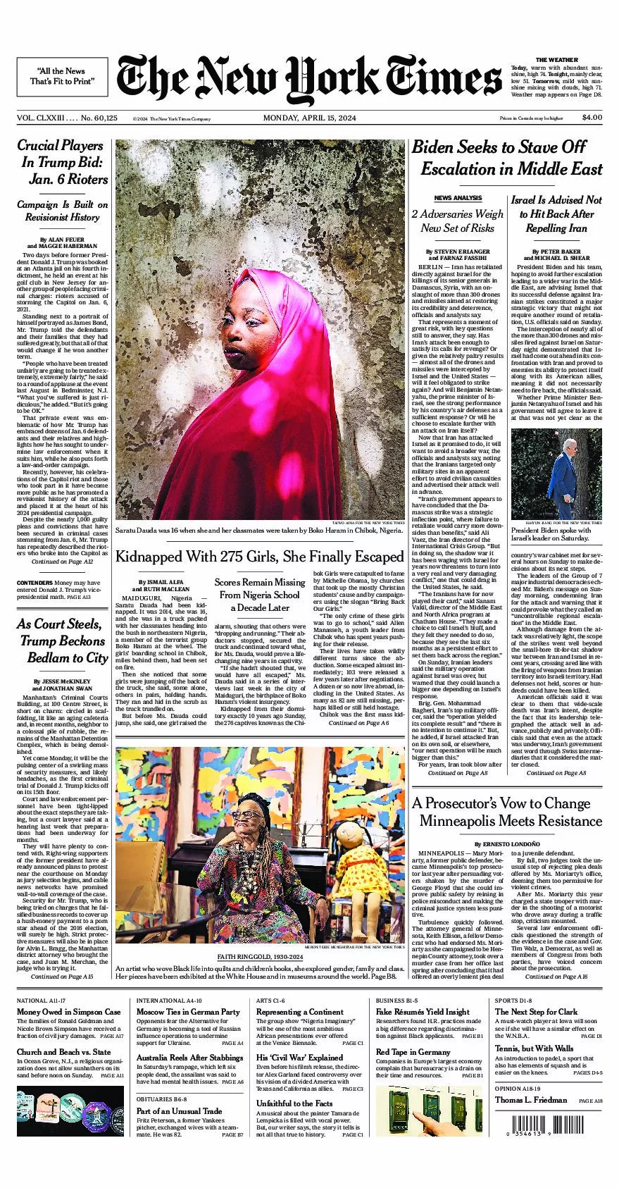 Prima-pagina-del-New-York-Times-edizione-di-oggi-2024-04-15