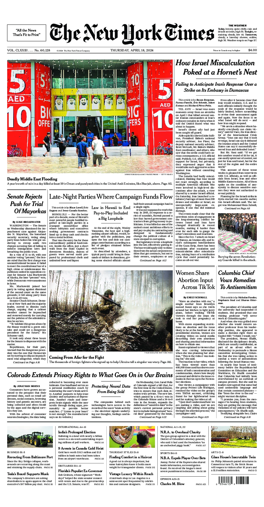 Prima-pagina-del-New-York-Times-edizione-di-oggi-2024-04-18