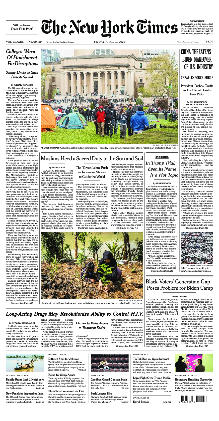 Prima-pagina-del-New-York-Times-edizione-di-oggi-2024-04-19