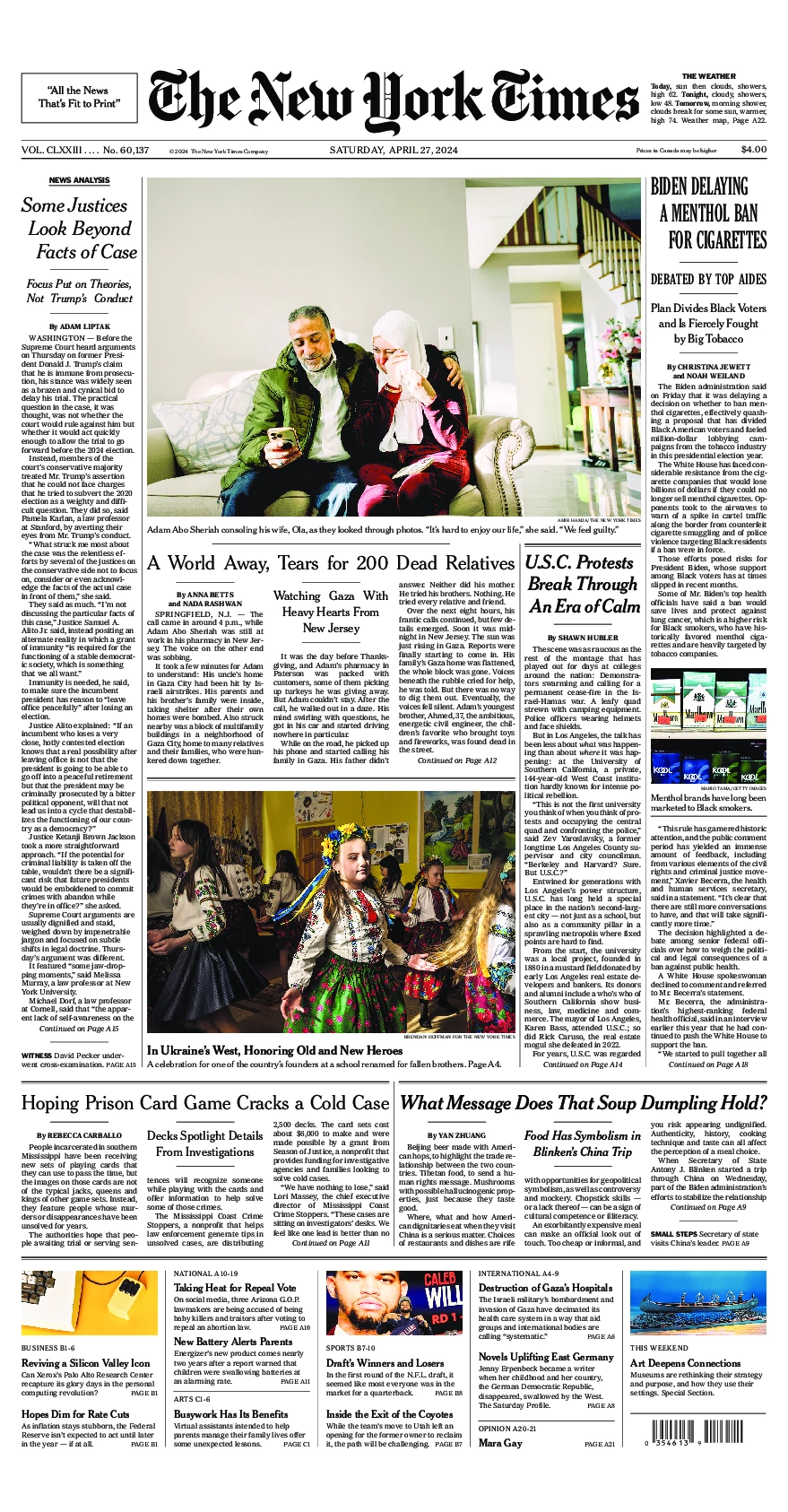 Prima-pagina-del-New-York-Times-edizione-di-oggi-2024-04-27