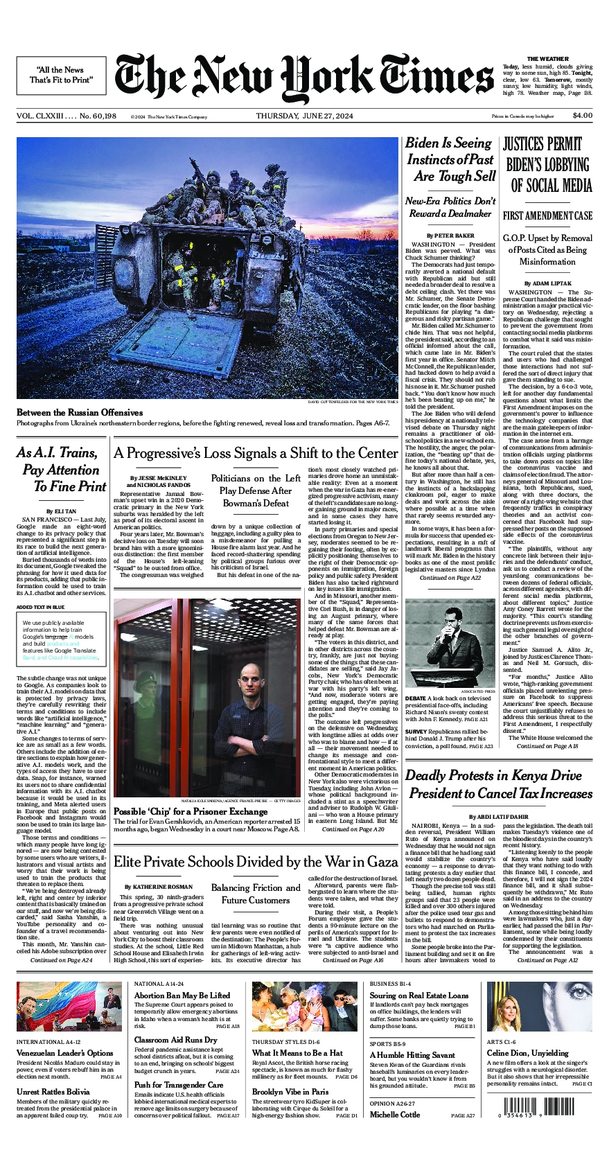 Prima-pagina-del-New-York-Times-edizione-di-oggi-2024-06-27