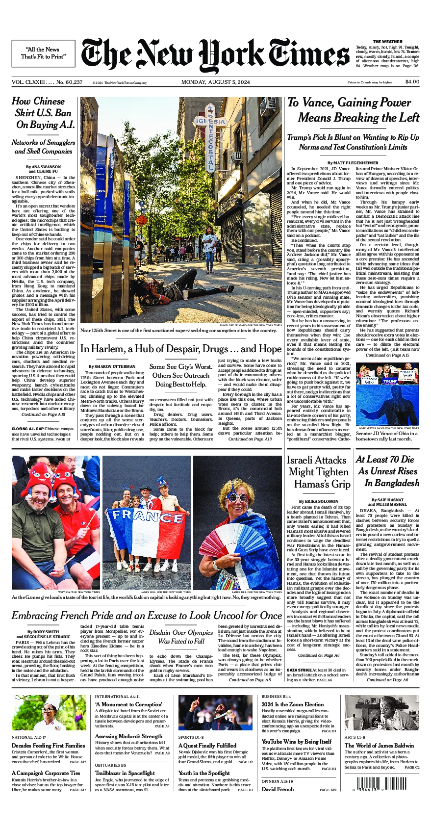 Prima-pagina-del-New-York-Times-edizione-di-oggi-2024-08-05