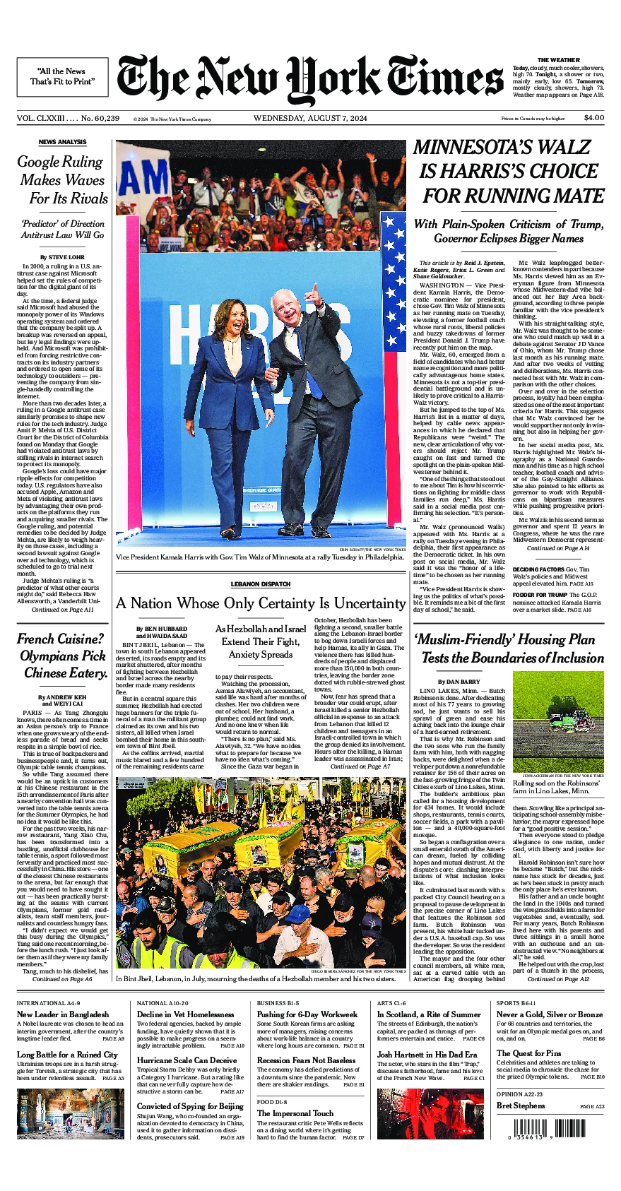 Prima-pagina-del-New-York-Times-edizione-di-oggi-2024-08-07