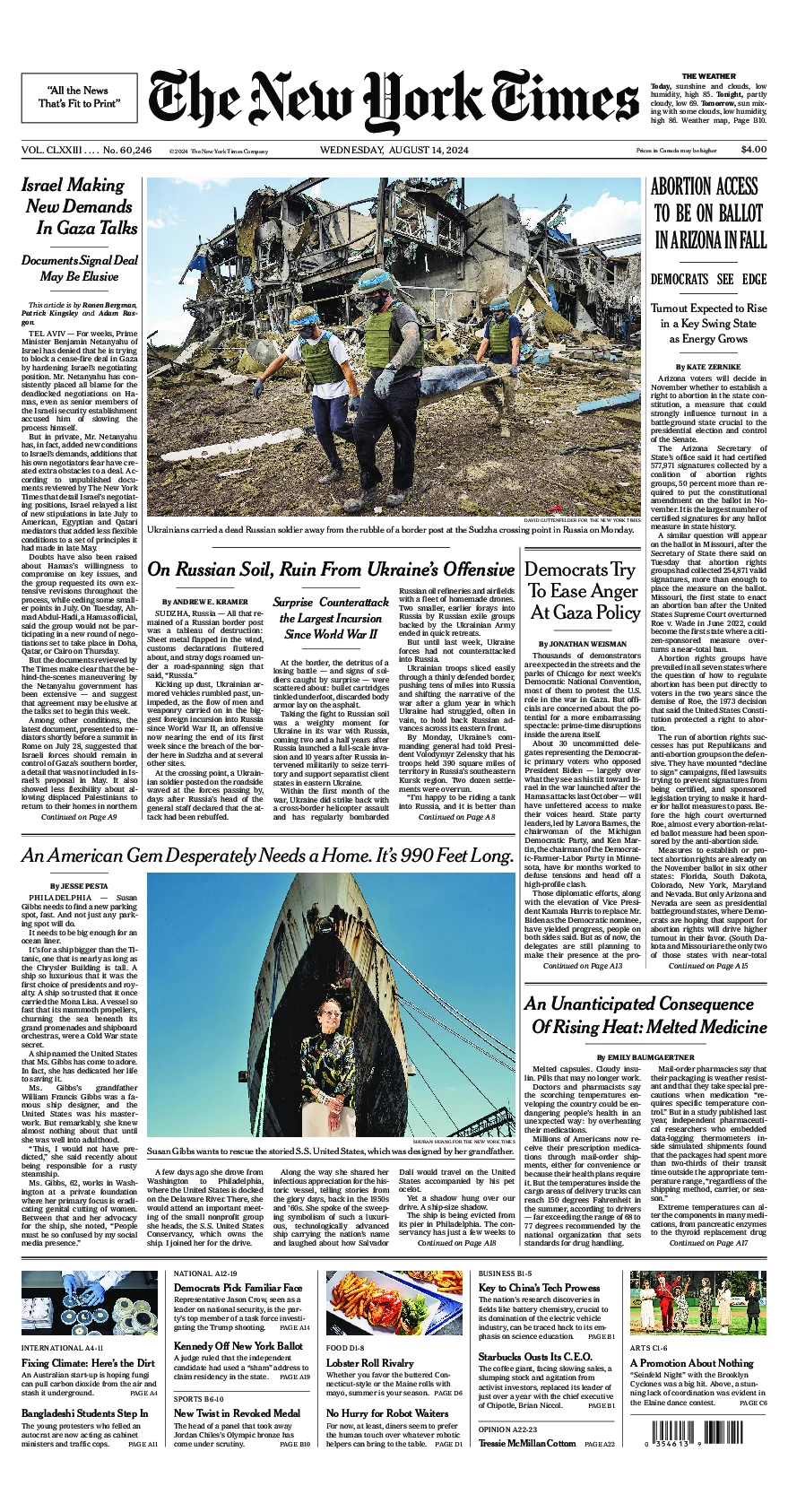 Prima-pagina-del-New-York-Times-edizione-di-oggi-2024-08-14