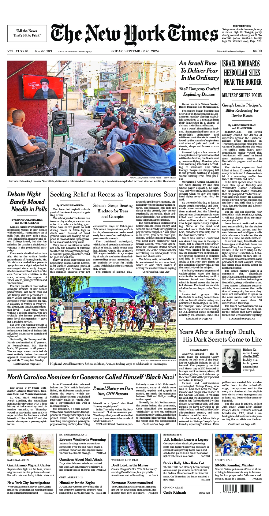 Prima-pagina-del-New-York-Times-edizione-di-oggi-2024-09-20