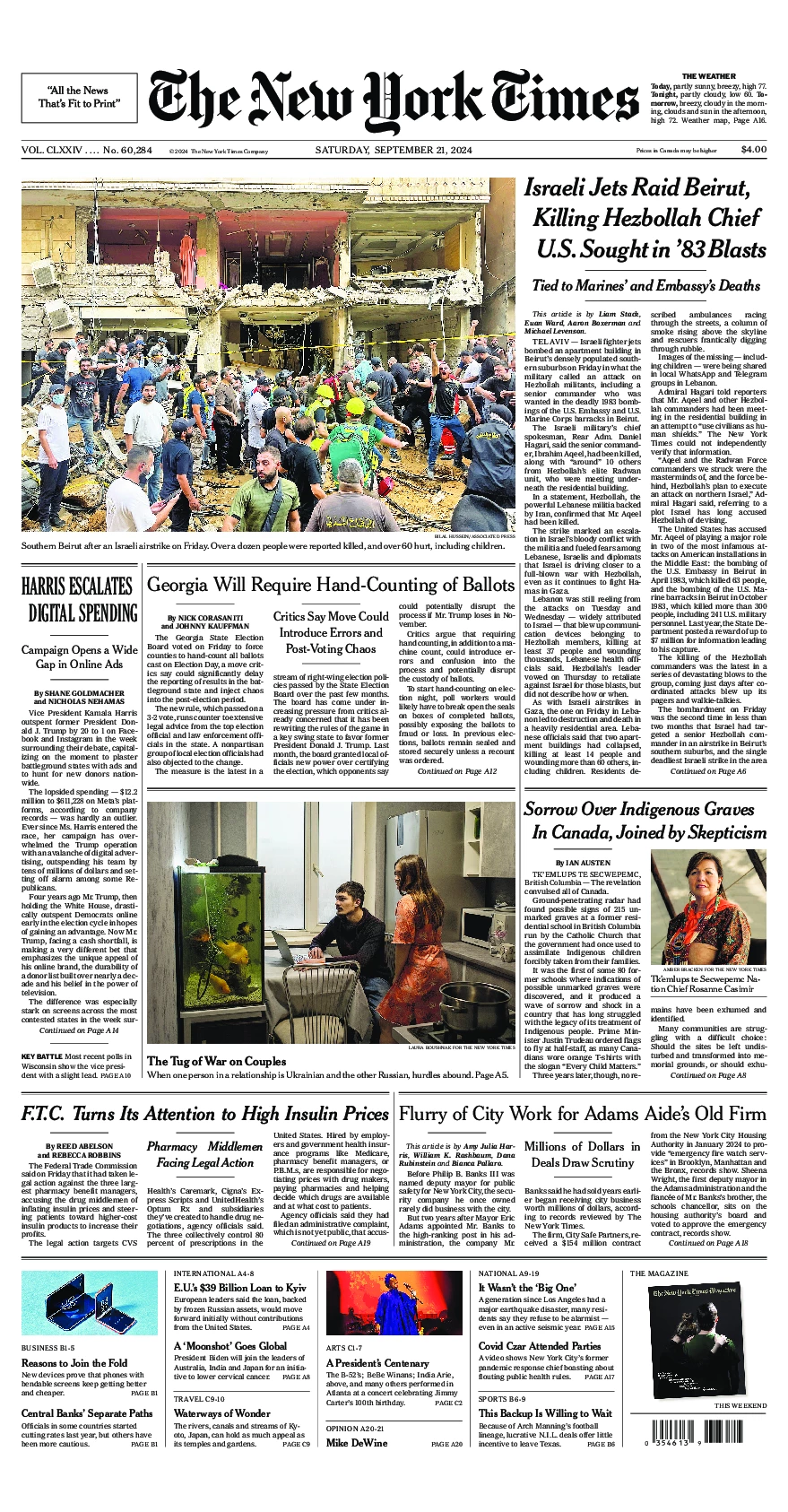 Prima-pagina-del-New-York-Times-edizione-di-oggi-2024-09-21