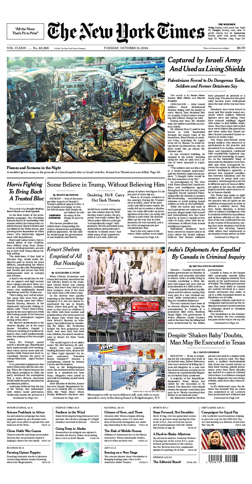 Prima-pagina-del-New-York-Times-edizione-di-oggi-2024-10-15