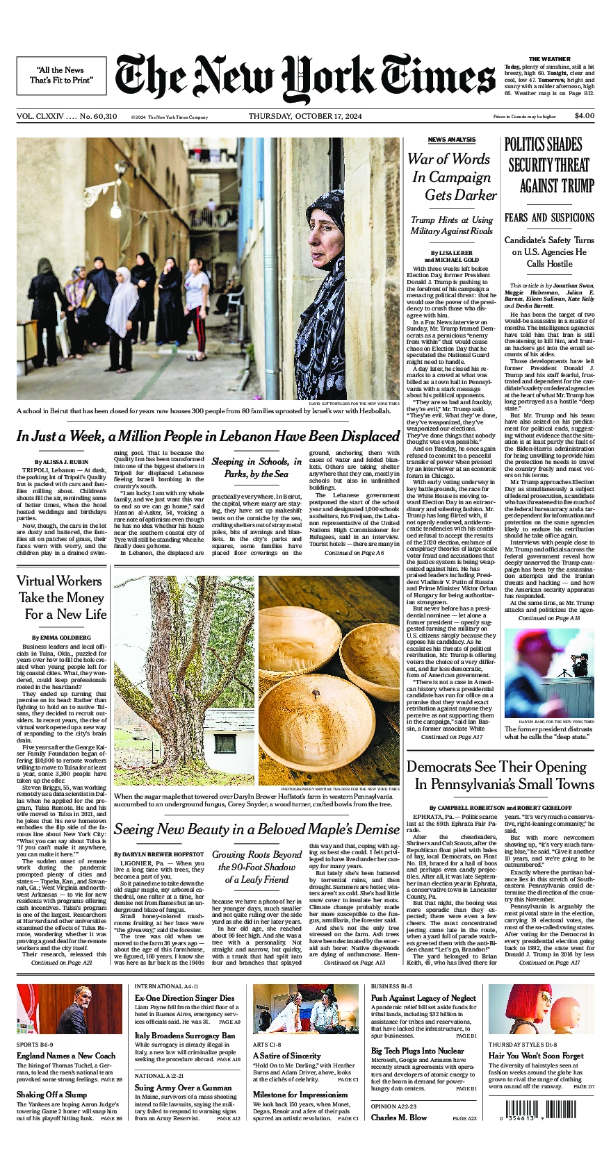 Prima-pagina-del-New-York-Times-edizione-di-oggi-2024-10-17