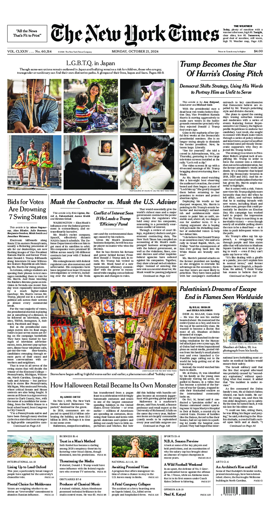 Prima-pagina-del-New-York-Times-edizione-di-oggi-2024-10-21