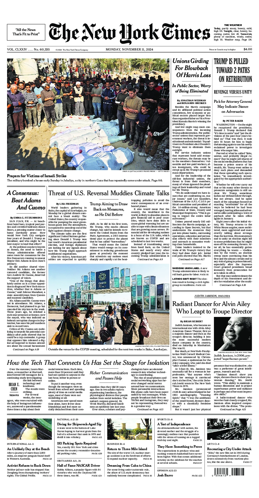 Prima-pagina-del-New-York-Times-edizione-di-oggi-2024-11-11