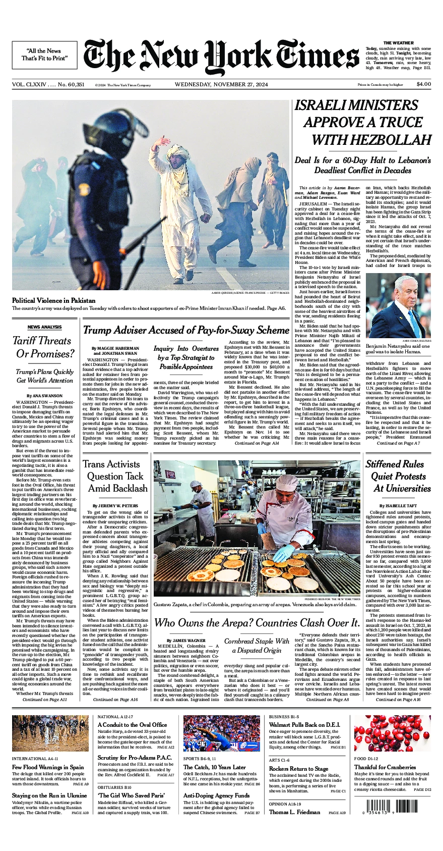 Prima-pagina-del-New-York-Times-edizione-di-oggi-2024-11-27