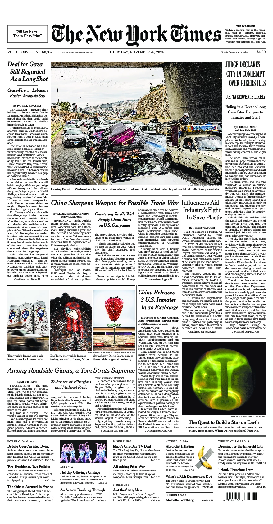 Prima-pagina-del-New-York-Times-edizione-di-oggi-2024-11-28