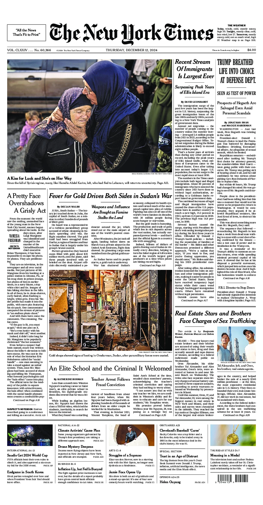 Prima-pagina-del-New-York-Times-edizione-di-oggi-2024-12-12