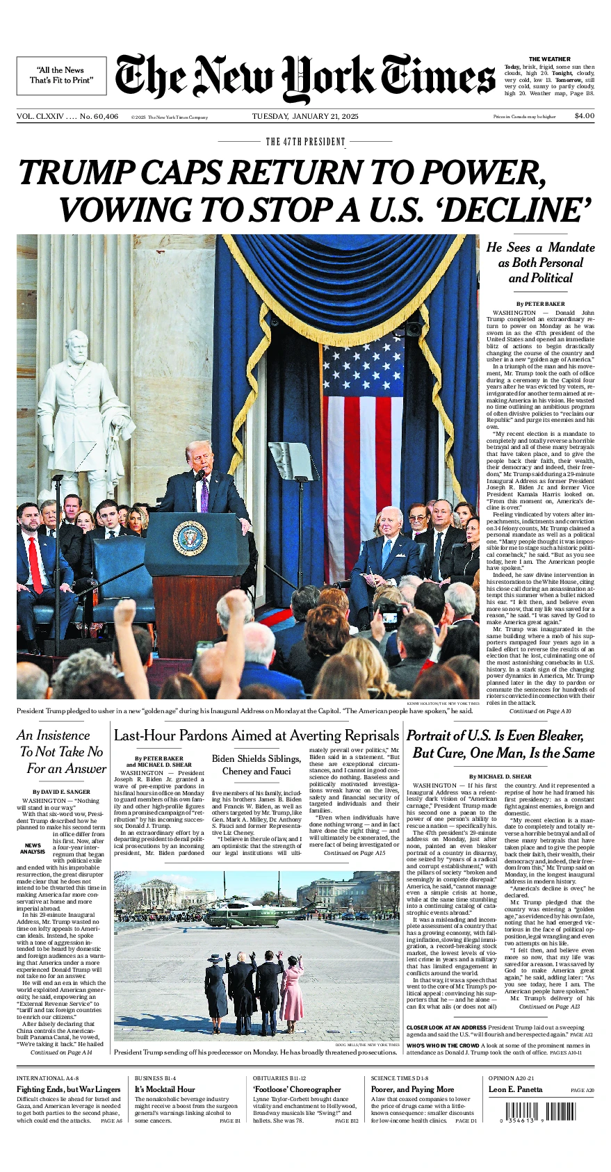 Prima-pagina-del-New-York-Times-edizione-di-oggi-2025-01-21