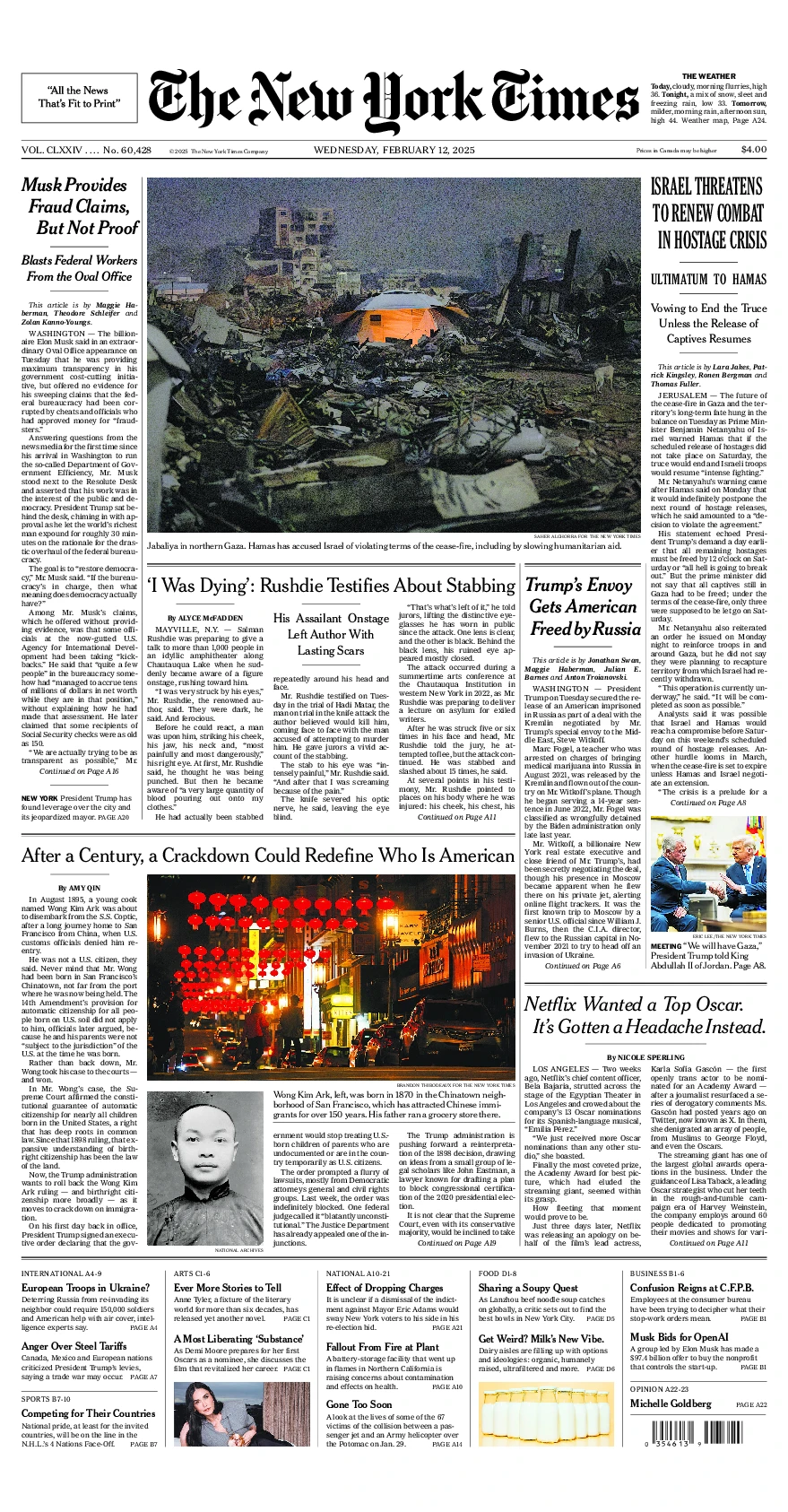 Prima-pagina-del-New-York-Times-edizione-di-oggi-2025-02-12