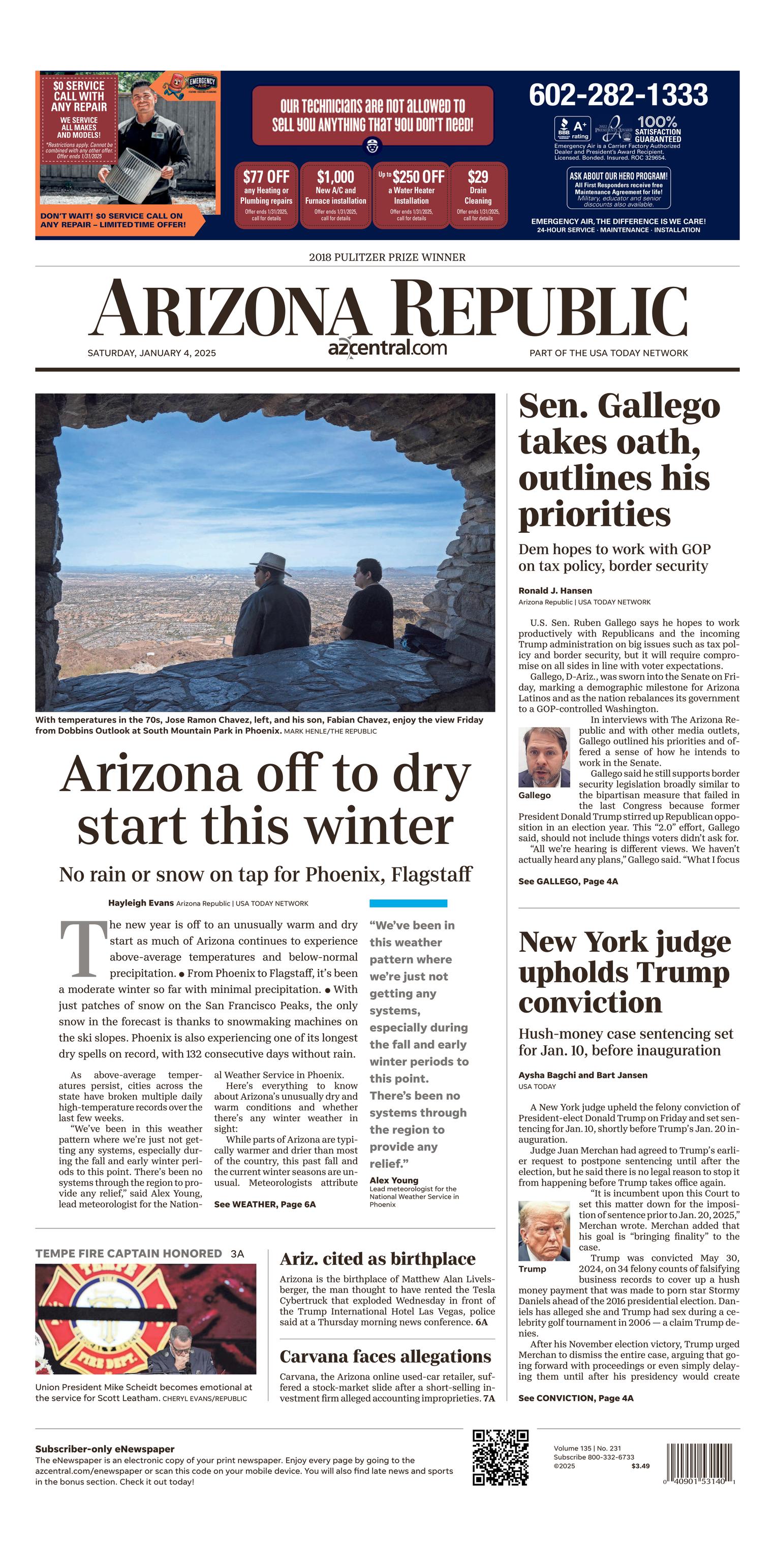 Prima-pagina-The-Arizona-Republic-oggi-edizione-di-oggi-20250104