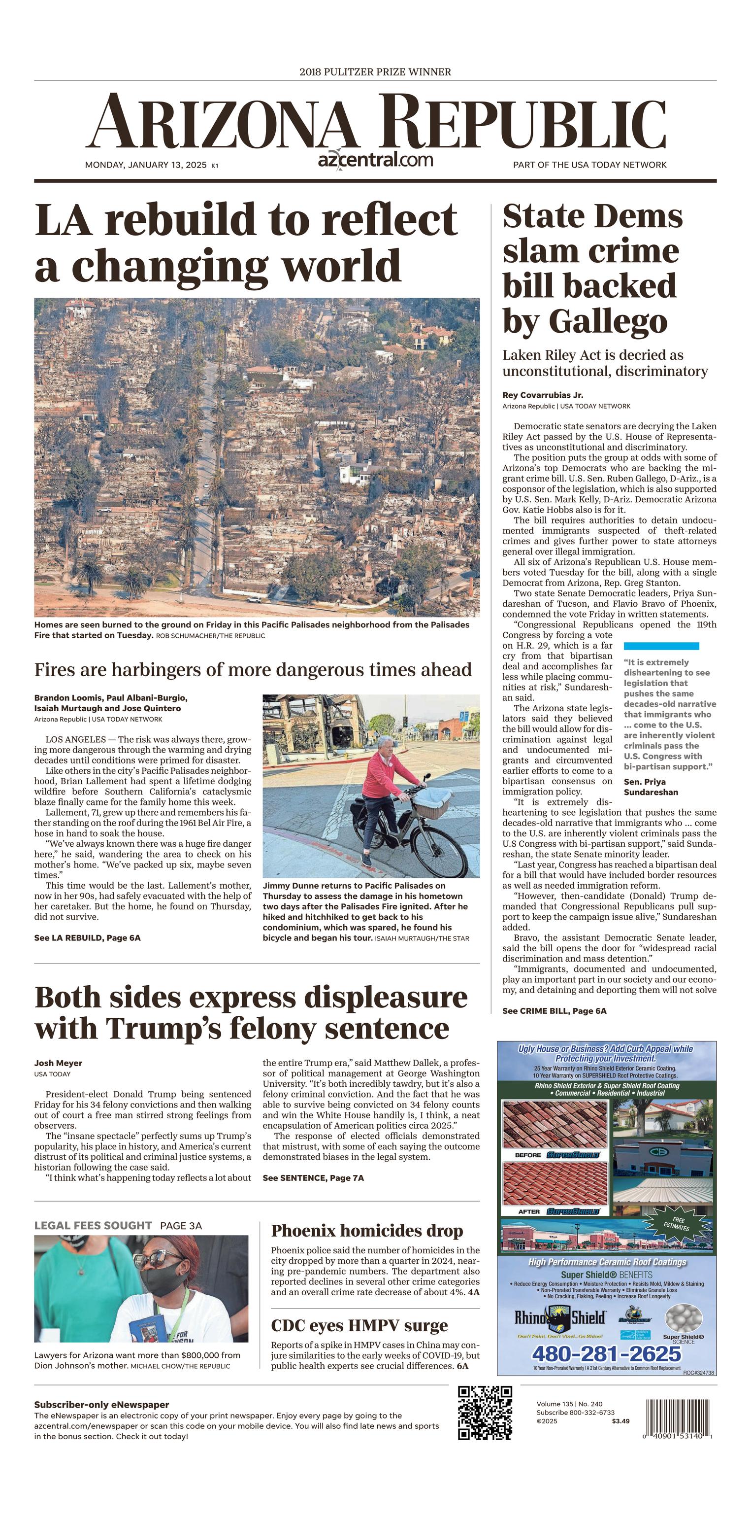 Prima-pagina-The-Arizona-Republic-oggi-edizione-di-oggi-20250113