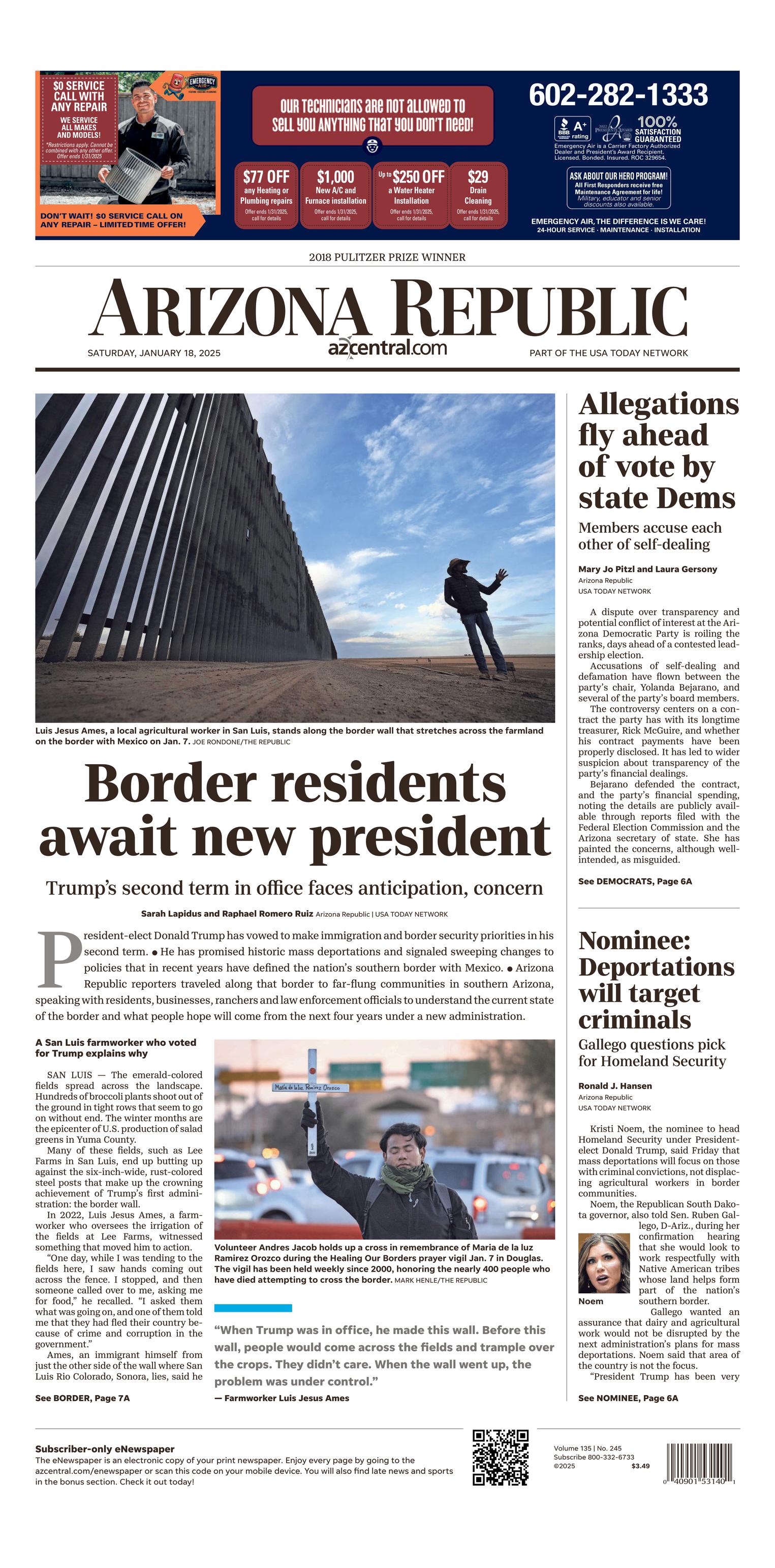 Prima-pagina-The-Arizona-Republic-oggi-edizione-di-oggi-20250118