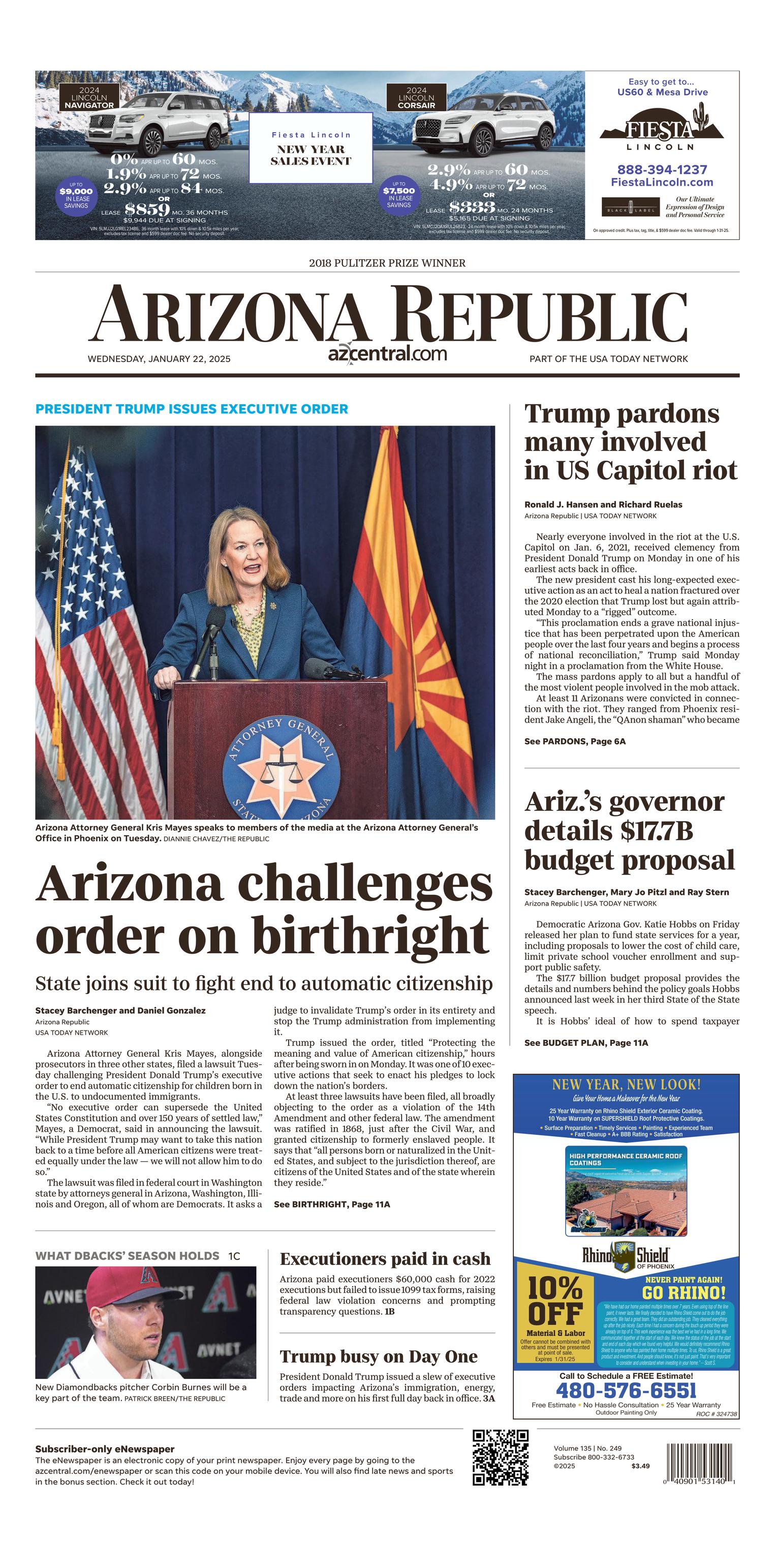 Prima-pagina-The-Arizona-Republic-oggi-edizione-di-oggi-20250122