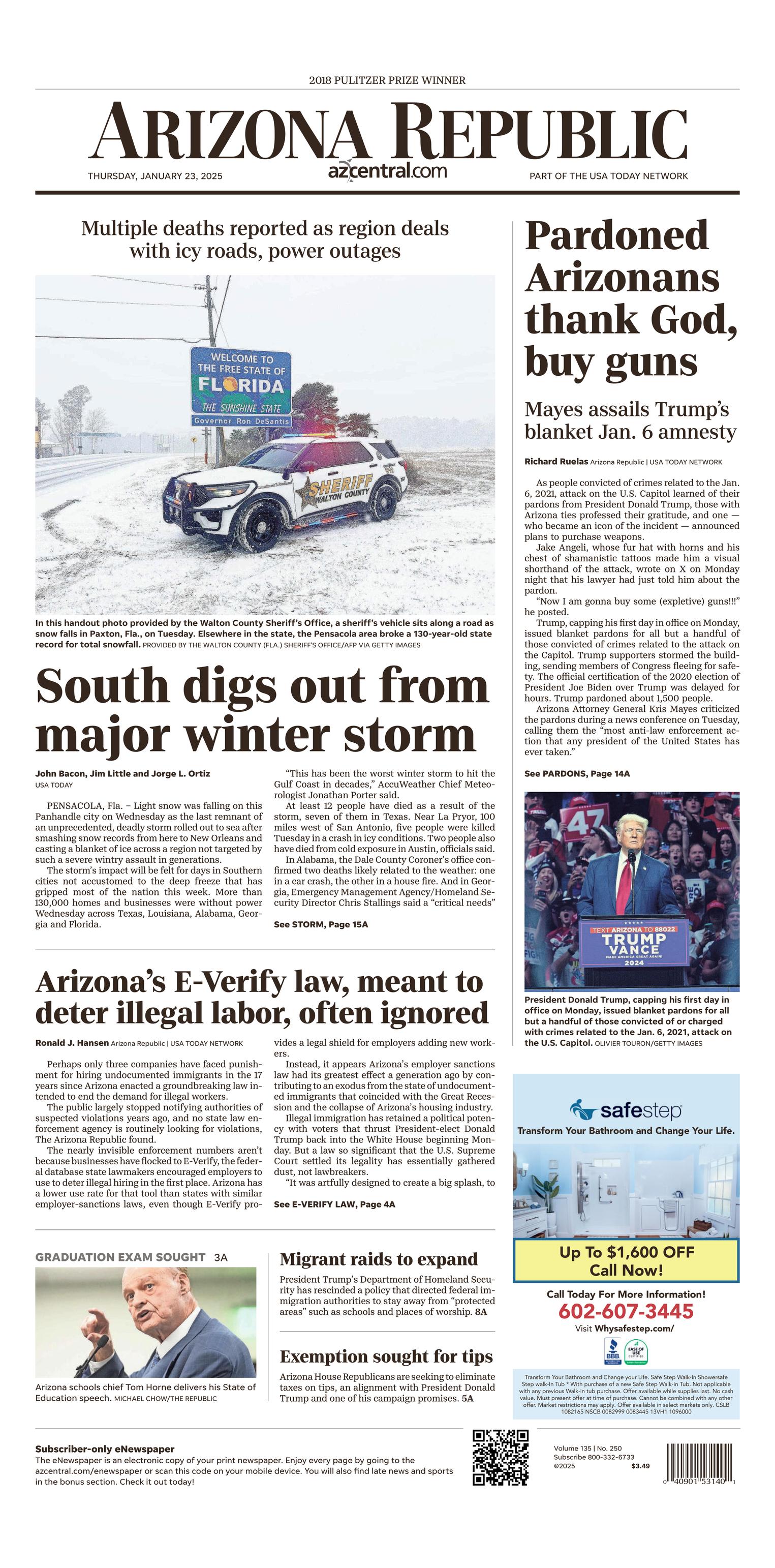 Prima-pagina-The-Arizona-Republic-oggi-edizione-di-oggi-20250123