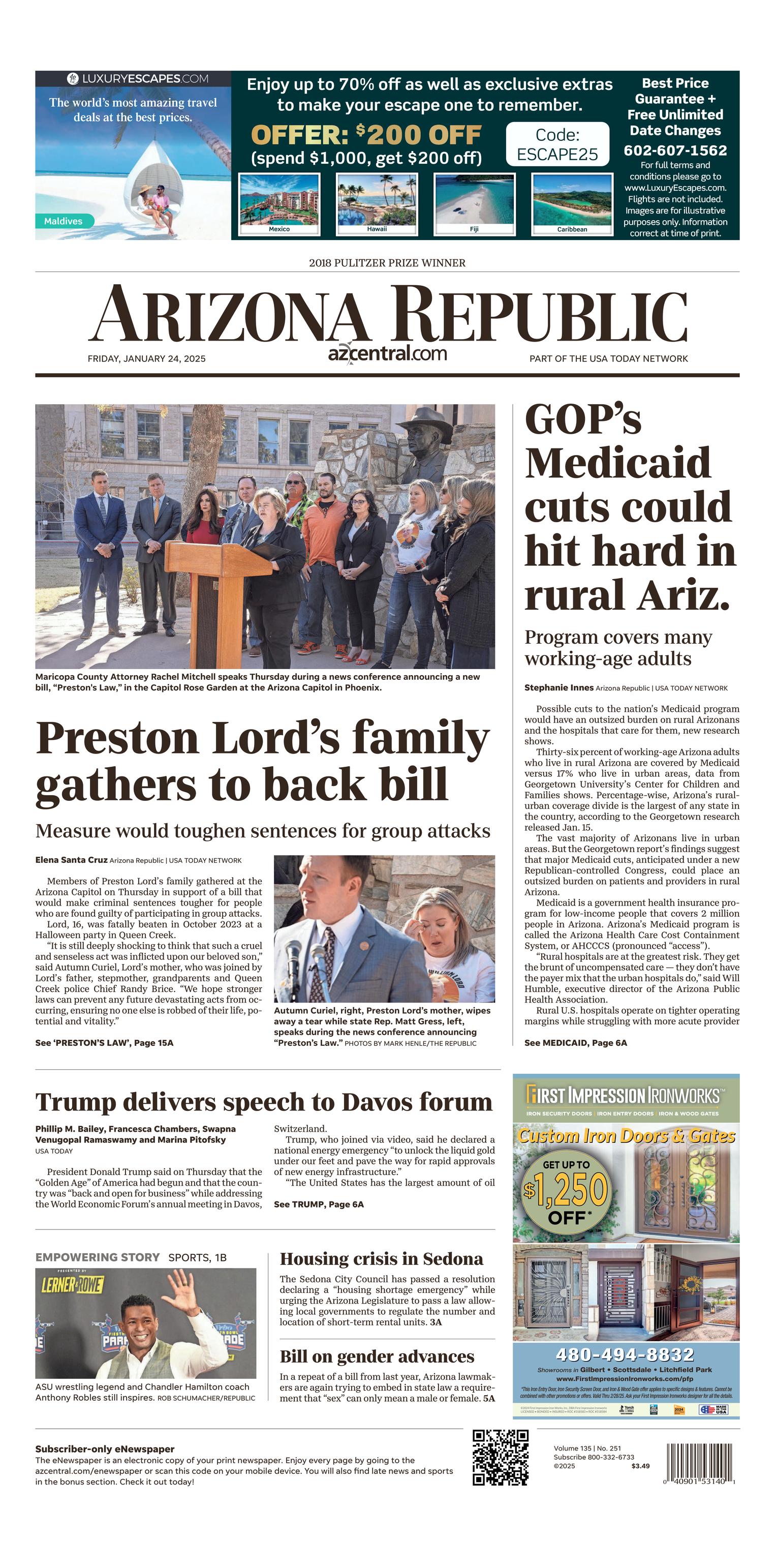 Prima-pagina-The-Arizona-Republic-oggi-edizione-di-oggi-20250124