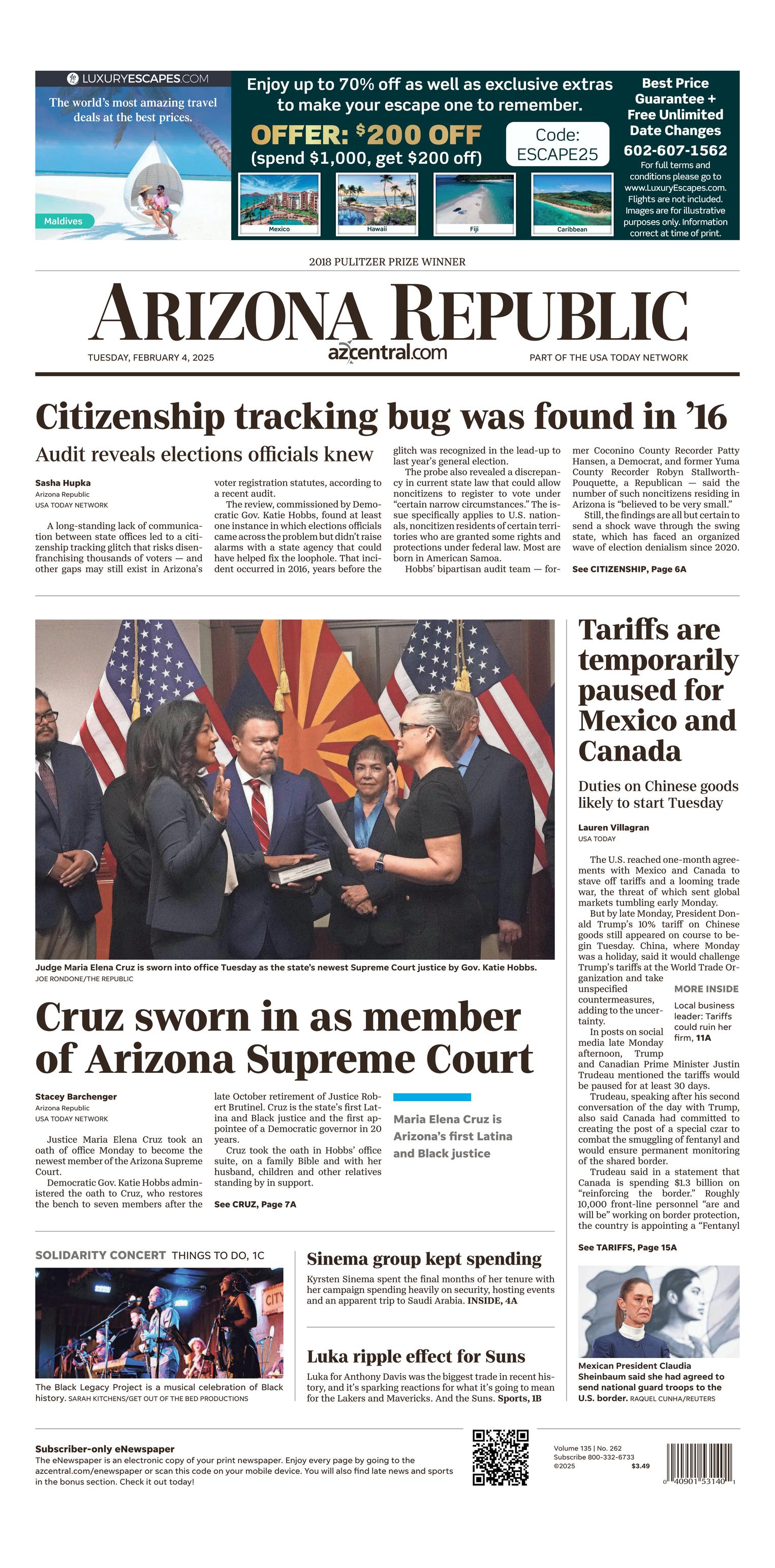 Prima-pagina-The-Arizona-Republic-oggi-edizione-di-oggi-20250204