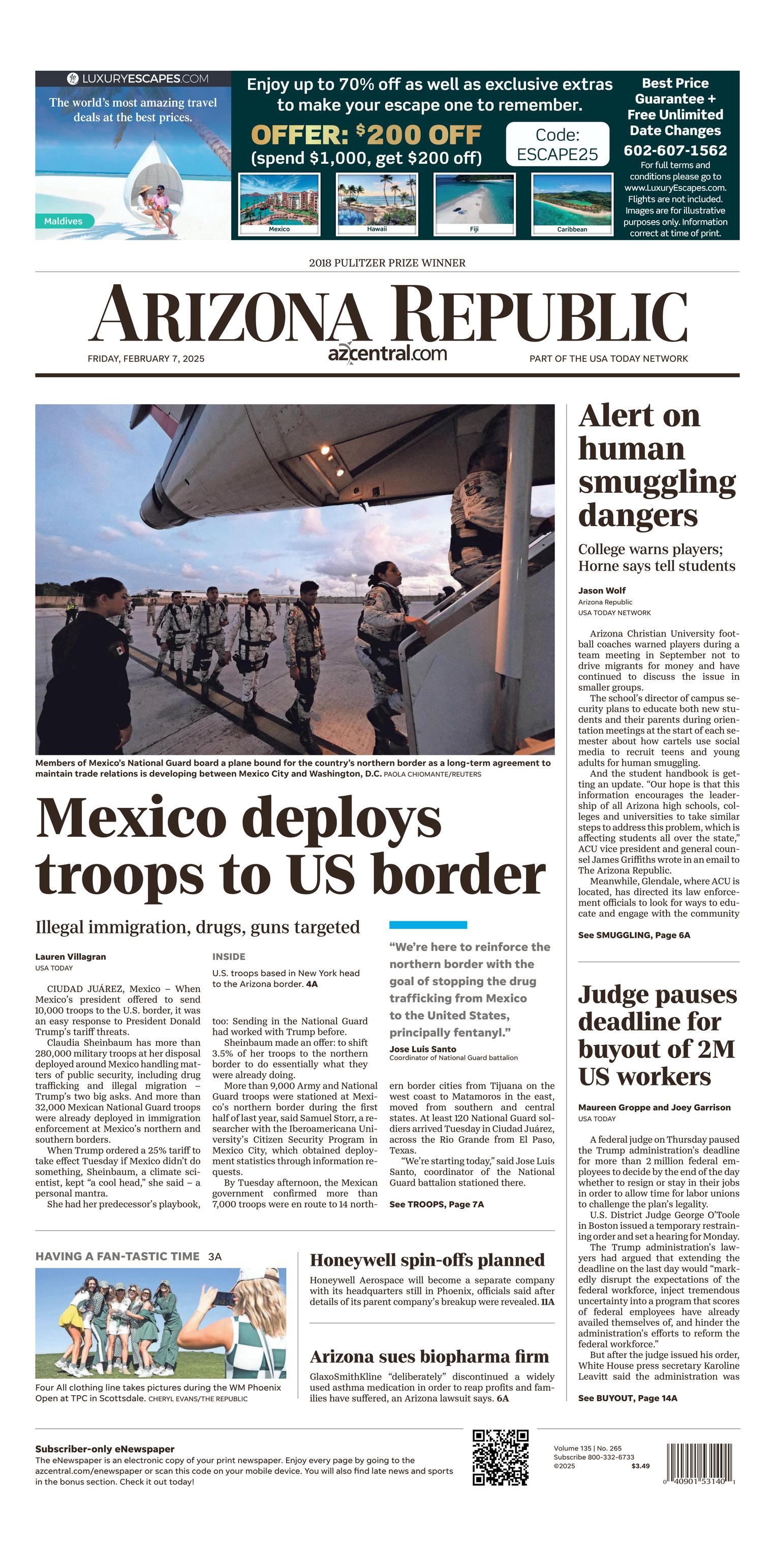 Prima-pagina-The-Arizona-Republic-oggi-edizione-di-oggi-20250207