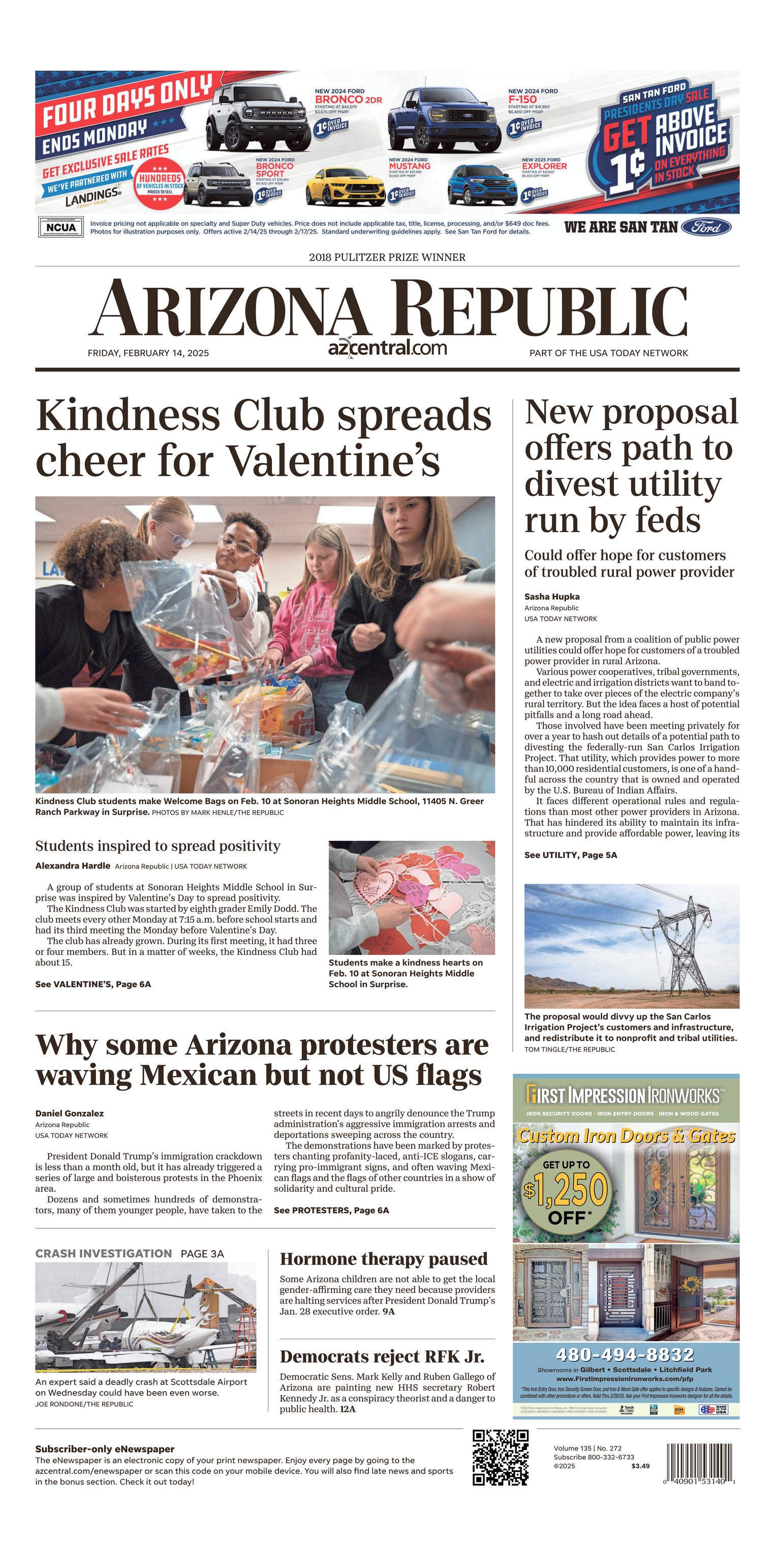 Prima-pagina-The-Arizona-Republic-oggi-edizione-di-oggi-20250214