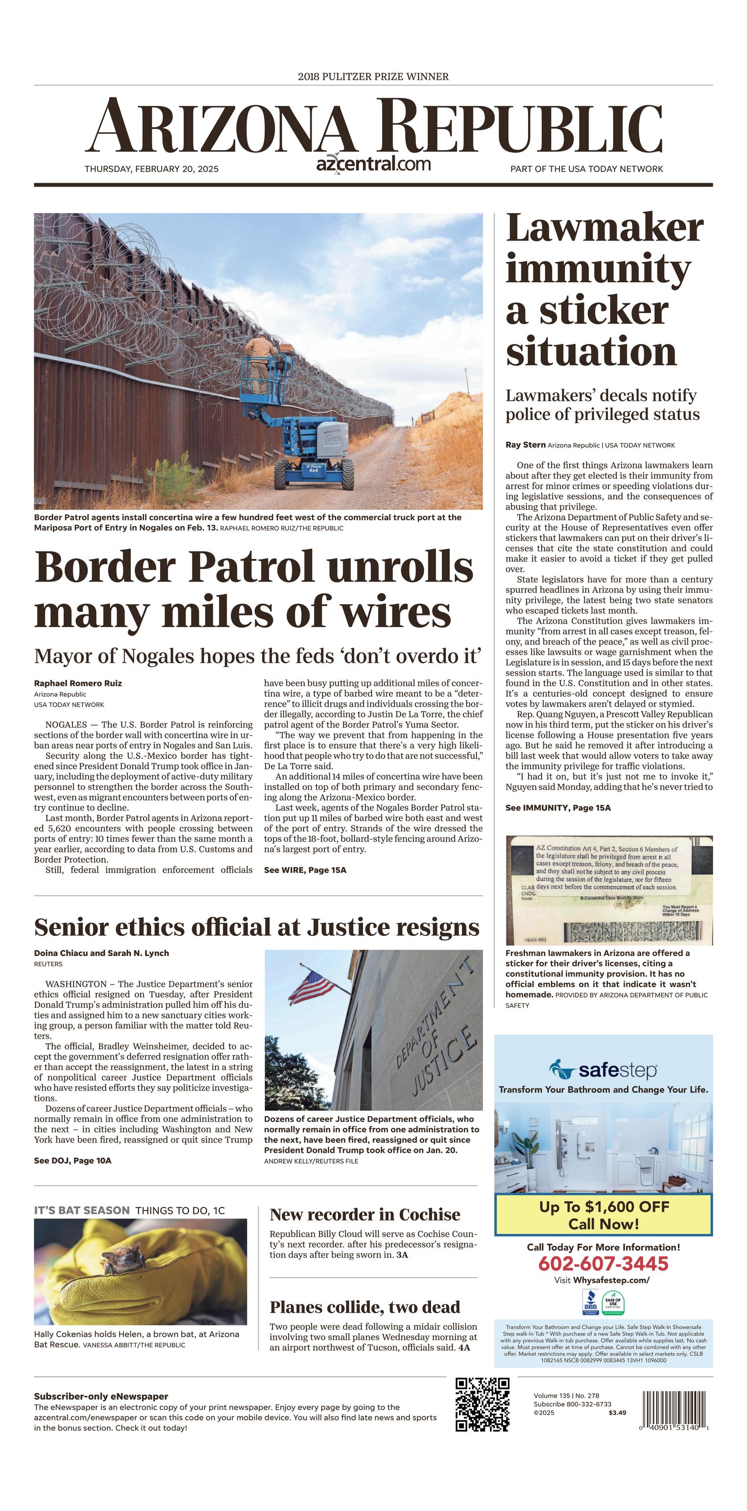 Prima-pagina-The-Arizona-Republic-oggi-edizione-di-oggi-20250220