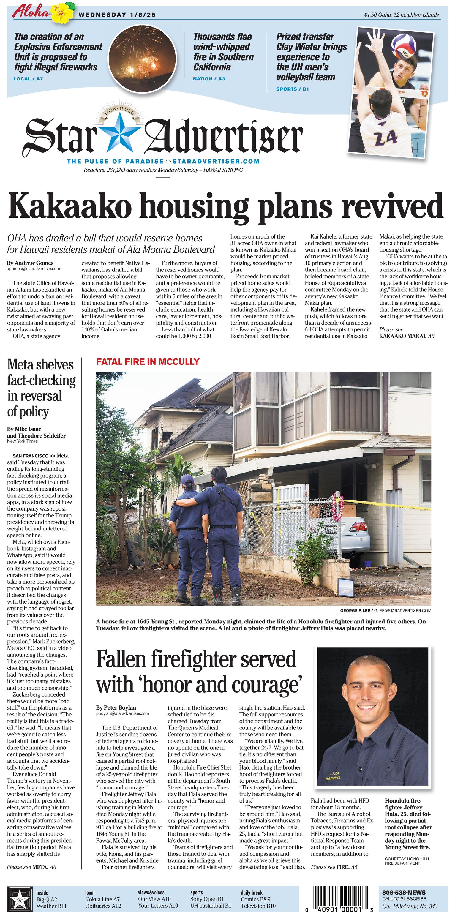 Prima-pagina-The-Honolulu-Star-Advertiser-oggi-edizione-di-oggi-20250108