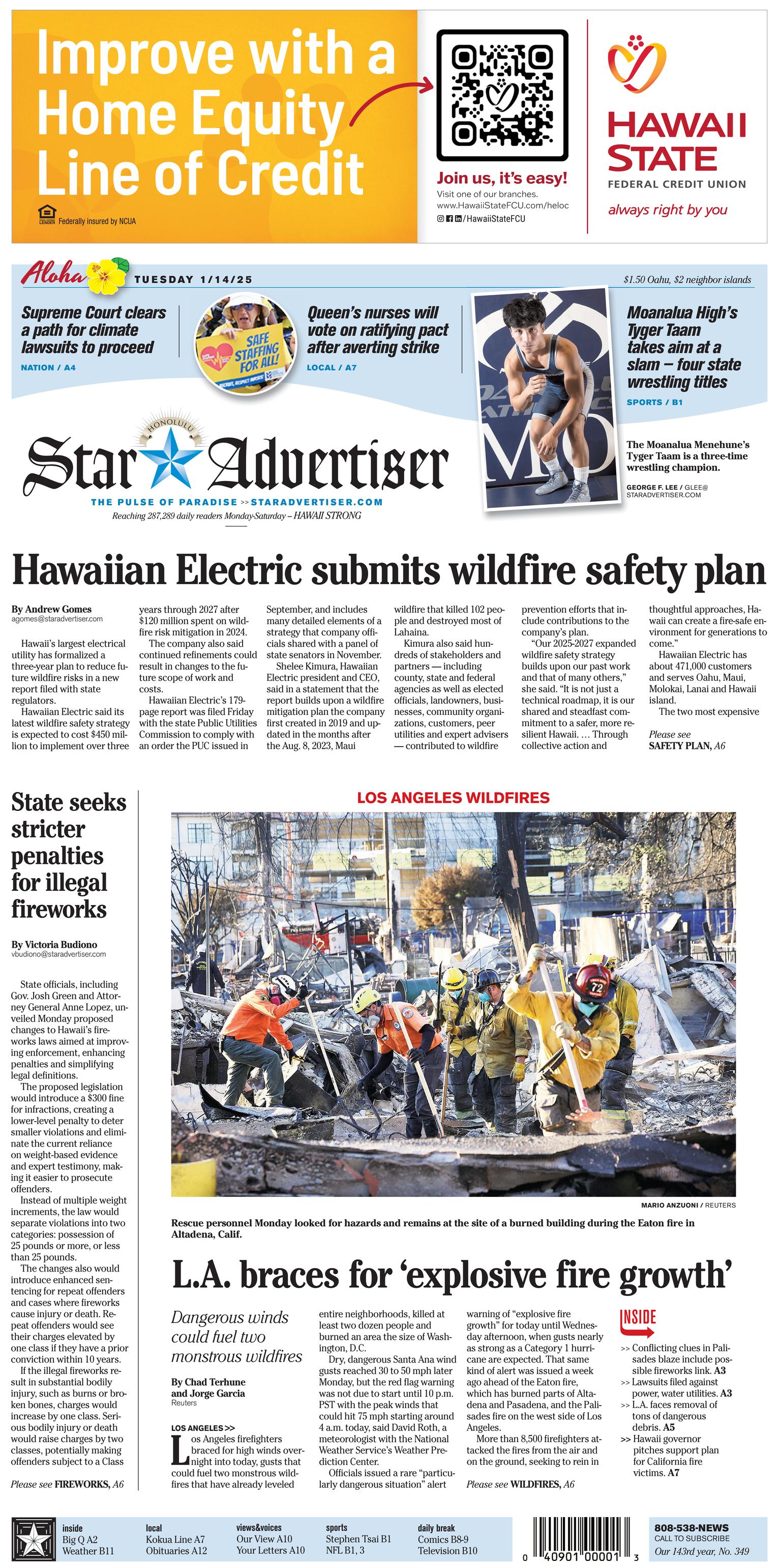 Prima-pagina-The-Honolulu-Star-Advertiser-oggi-edizione-di-oggi-20250114