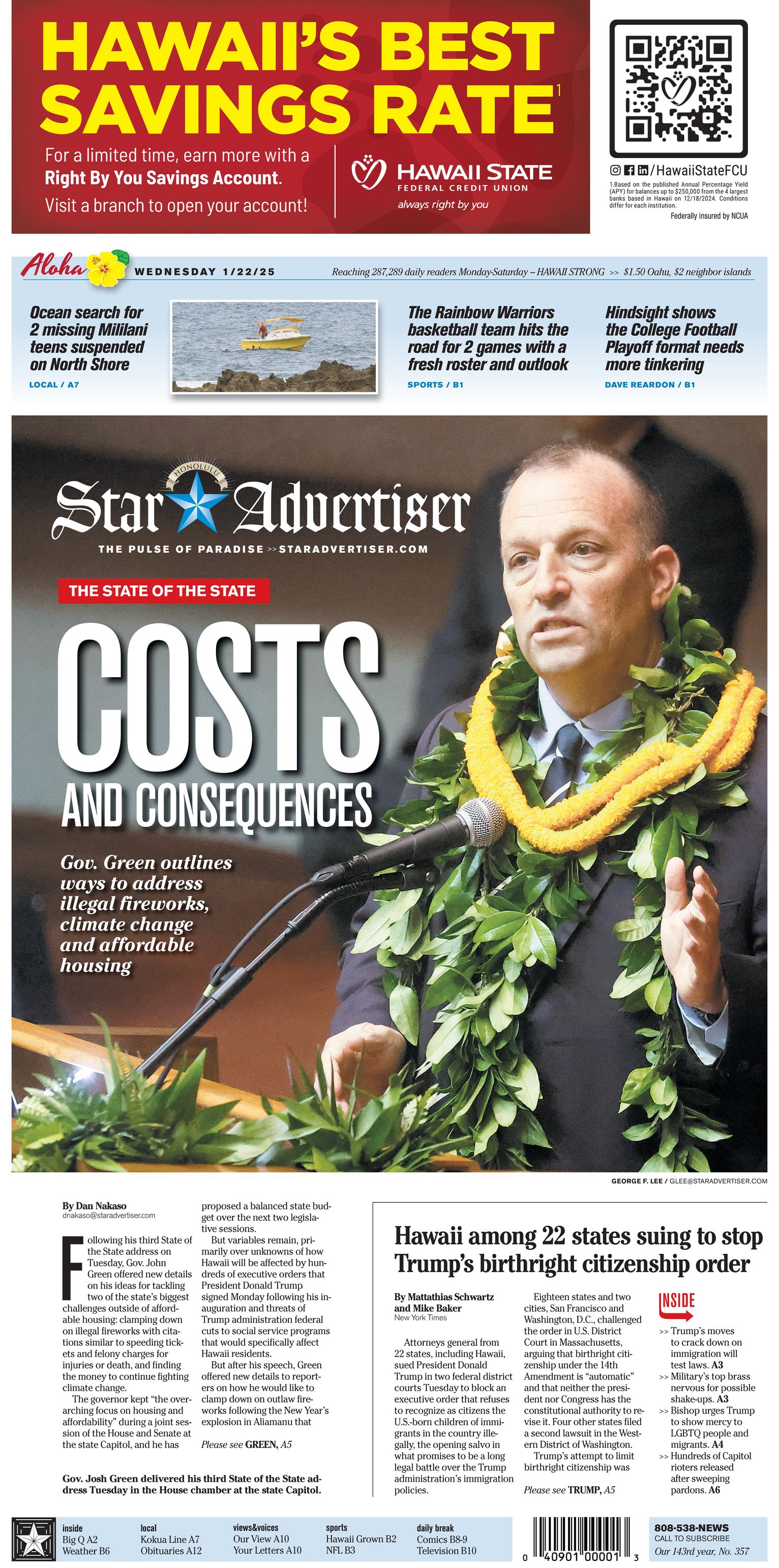 Prima-pagina-The-Honolulu-Star-Advertiser-oggi-edizione-di-oggi-20250122