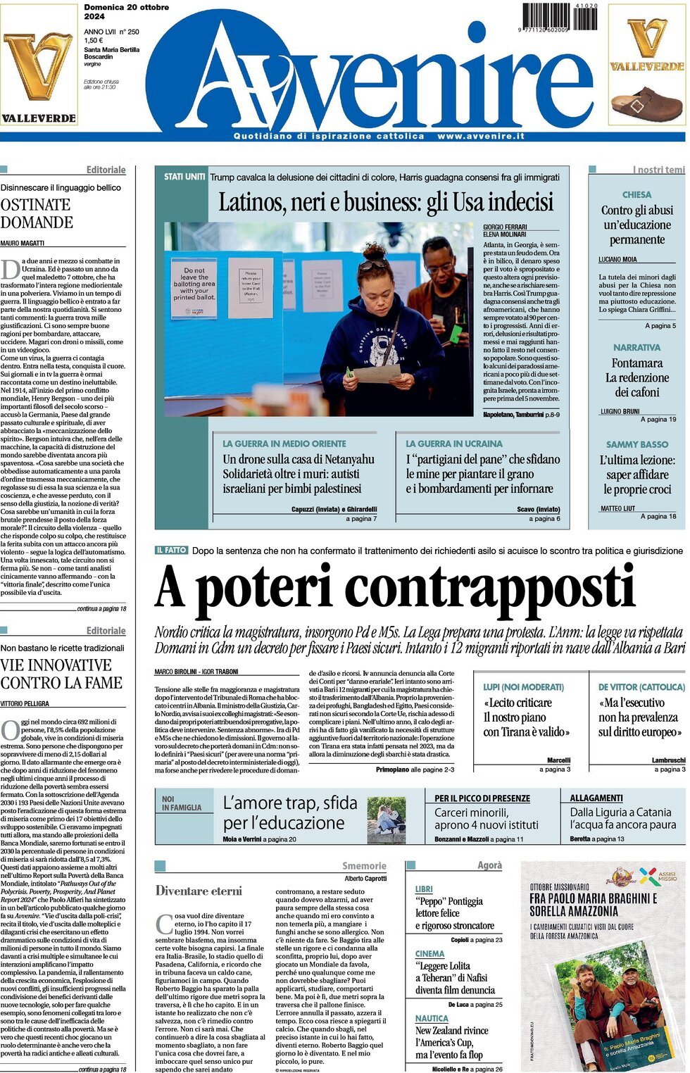 Prima-pagina-avvenire-edizione-di-oggi-20-10-2024