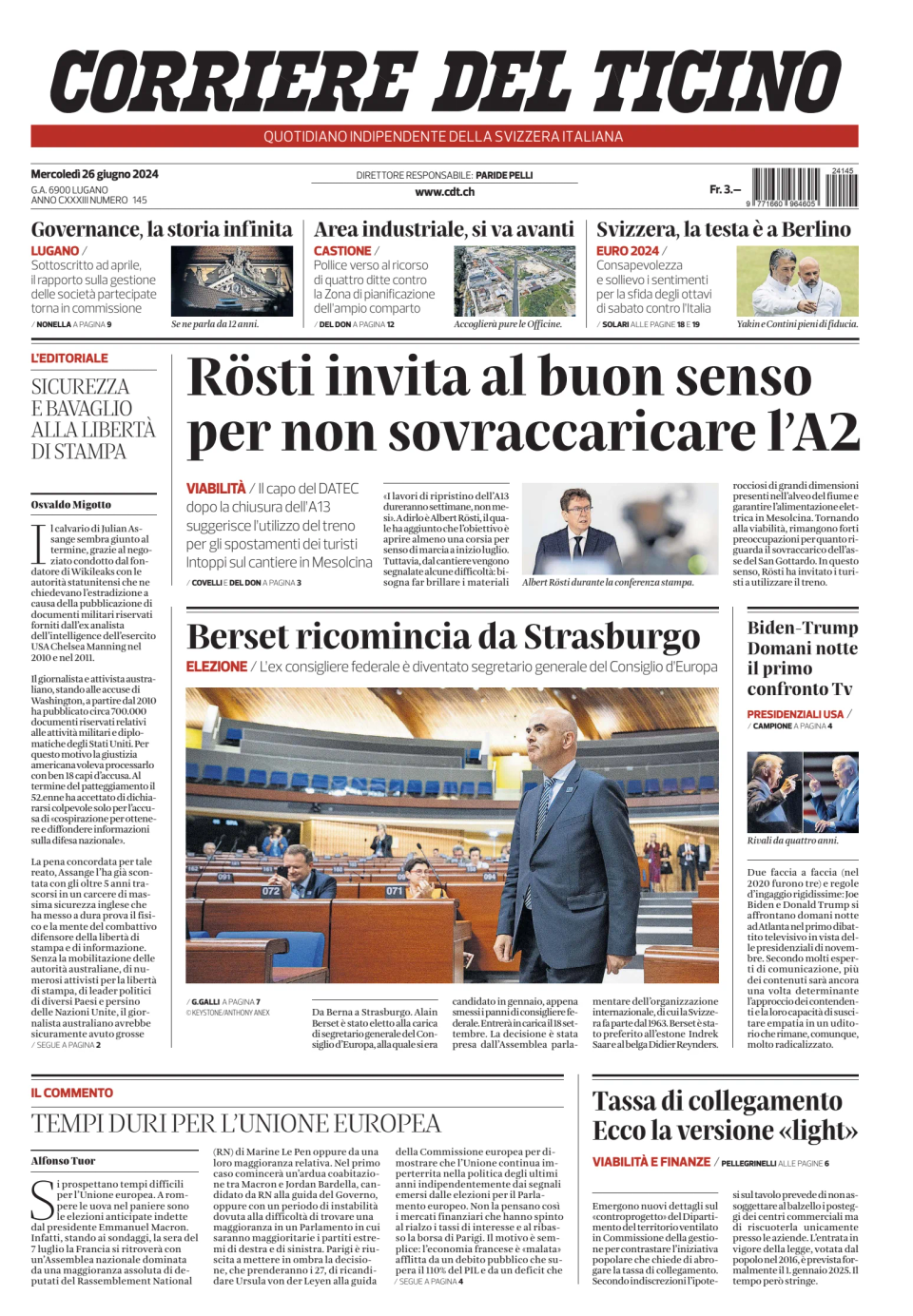 Prima-pagina-corriere-del-ticino-oggi-edizione-di-oggi-20240626