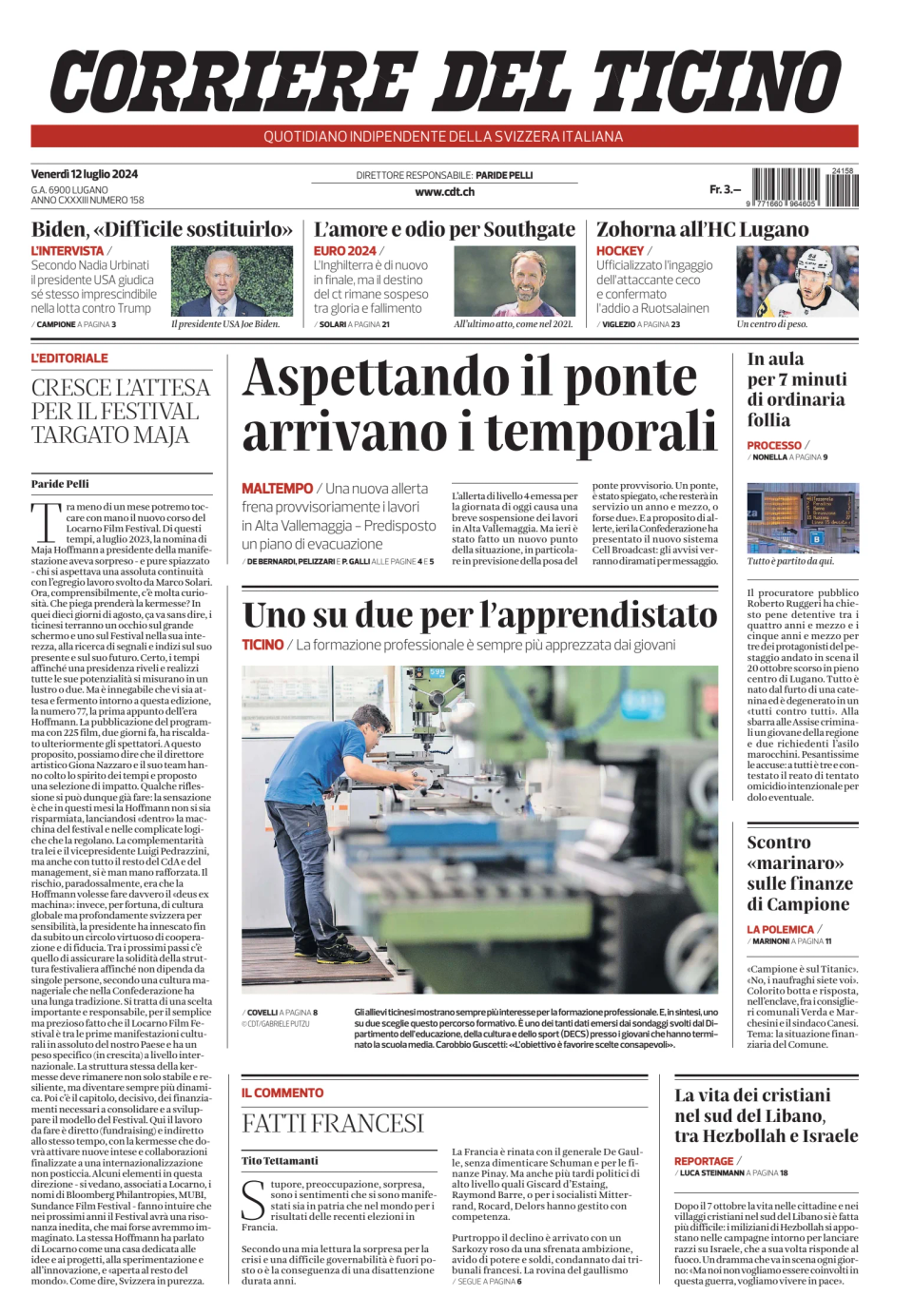 Prima-pagina-corriere-del-ticino-oggi-edizione-di-oggi-20240712