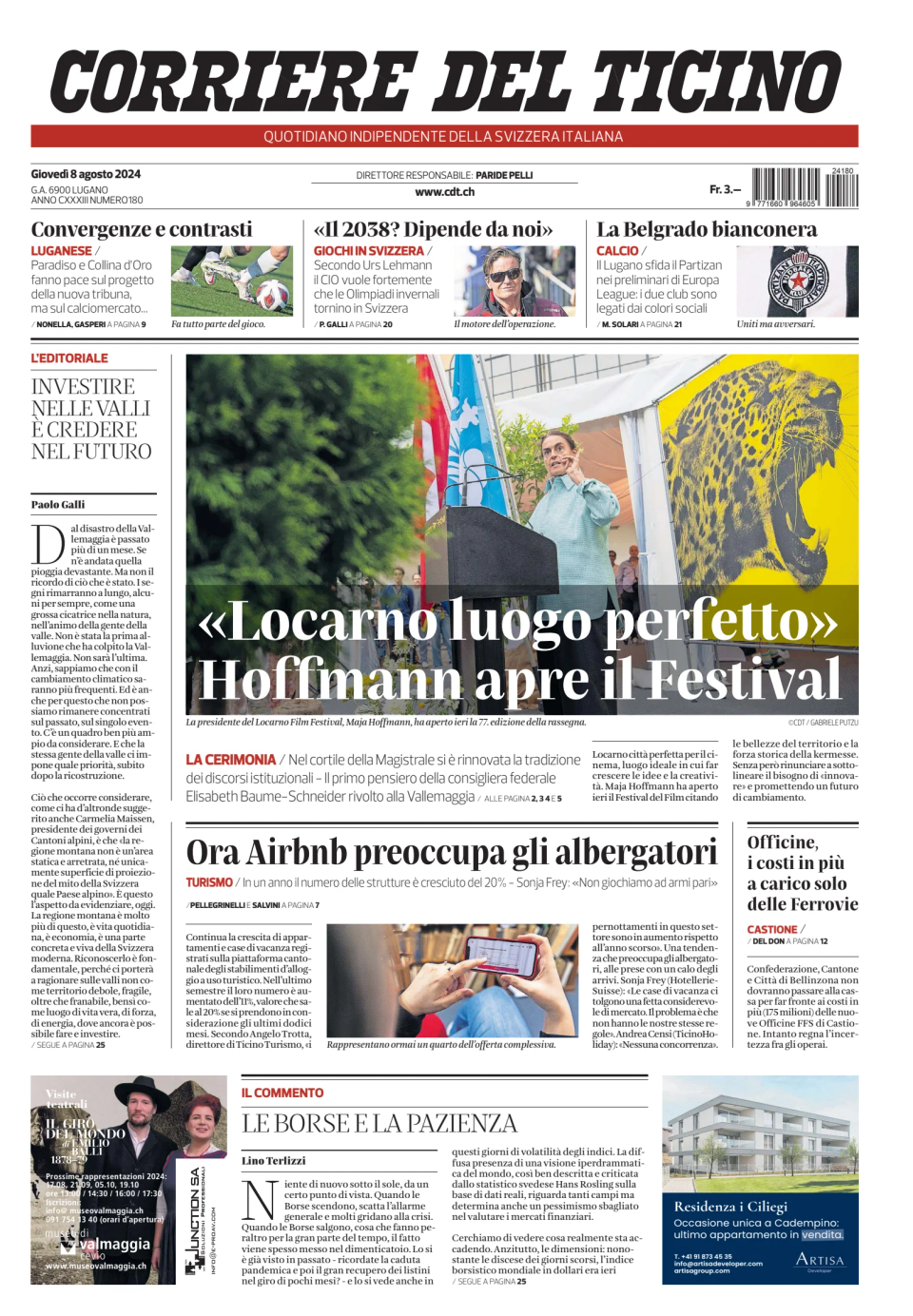 Prima-pagina-corriere-del-ticino-oggi-edizione-di-oggi-20240808