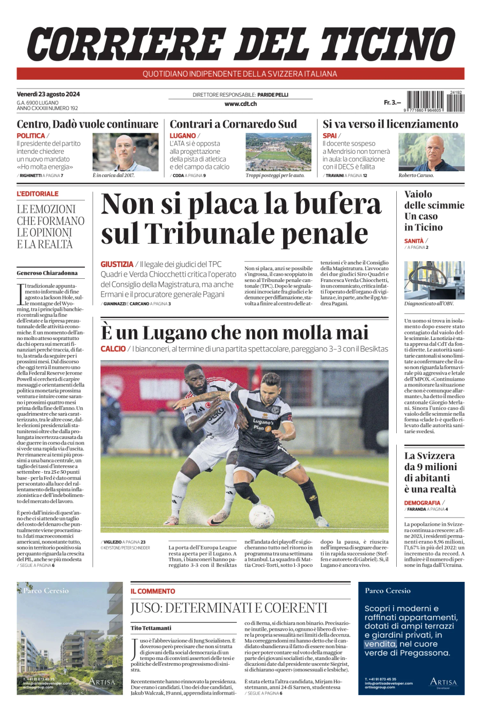 Prima-pagina-corriere-del-ticino-oggi-edizione-di-oggi-20240823