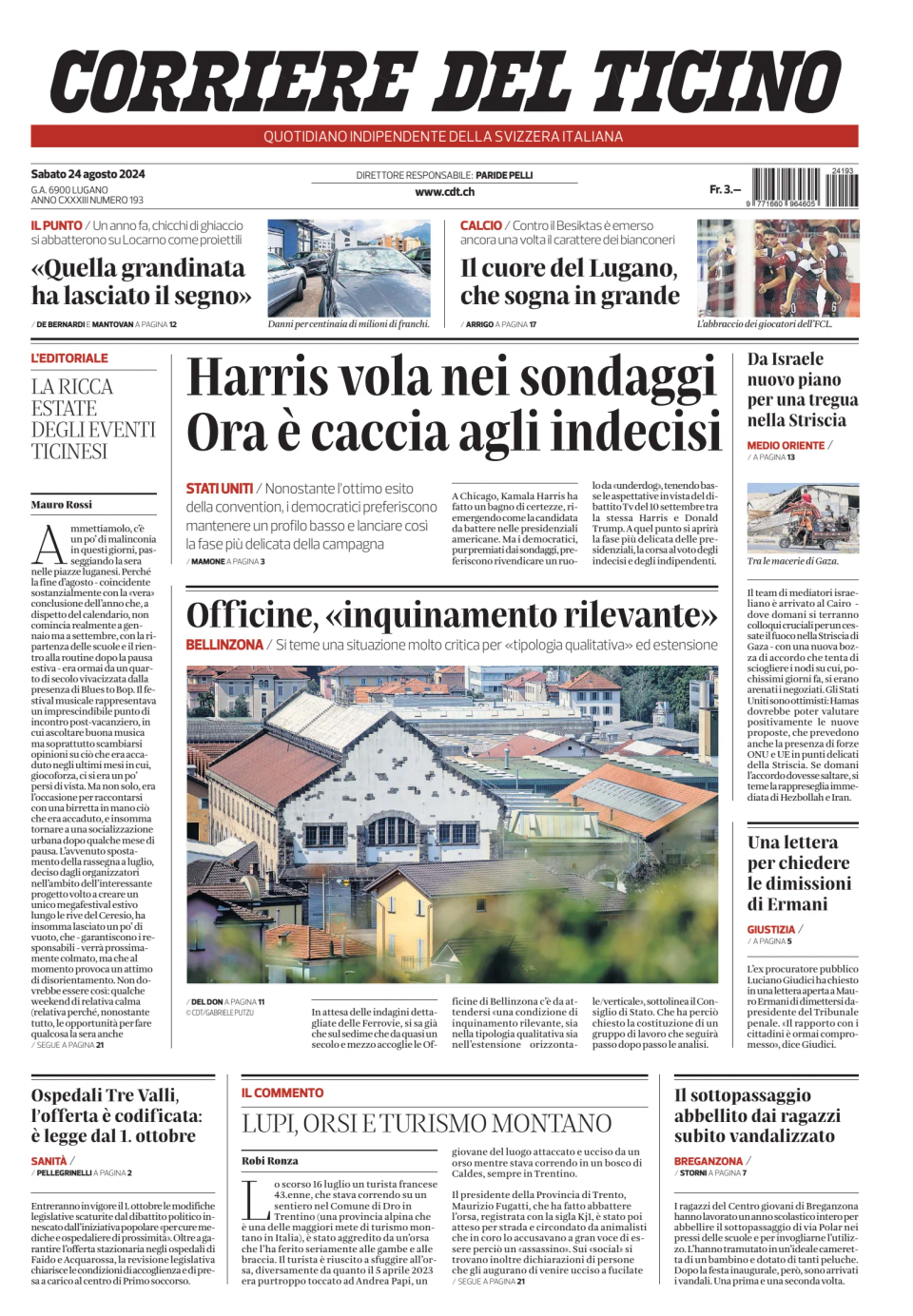 Prima-pagina-corriere-del-ticino-oggi-edizione-di-oggi-20240824