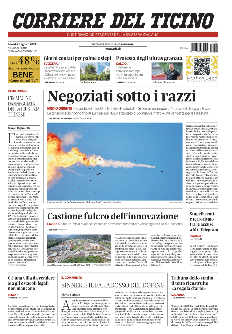 Prima-pagina-corriere-del-ticino-oggi-edizione-di-oggi-20240826