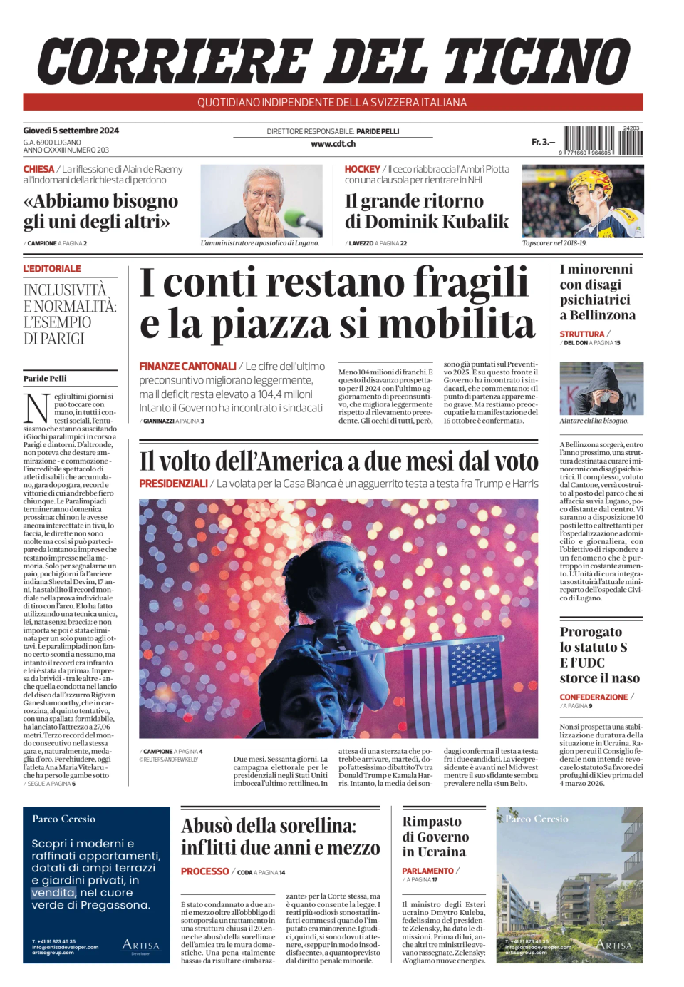 Prima-pagina-corriere-del-ticino-oggi-edizione-di-oggi-20240905