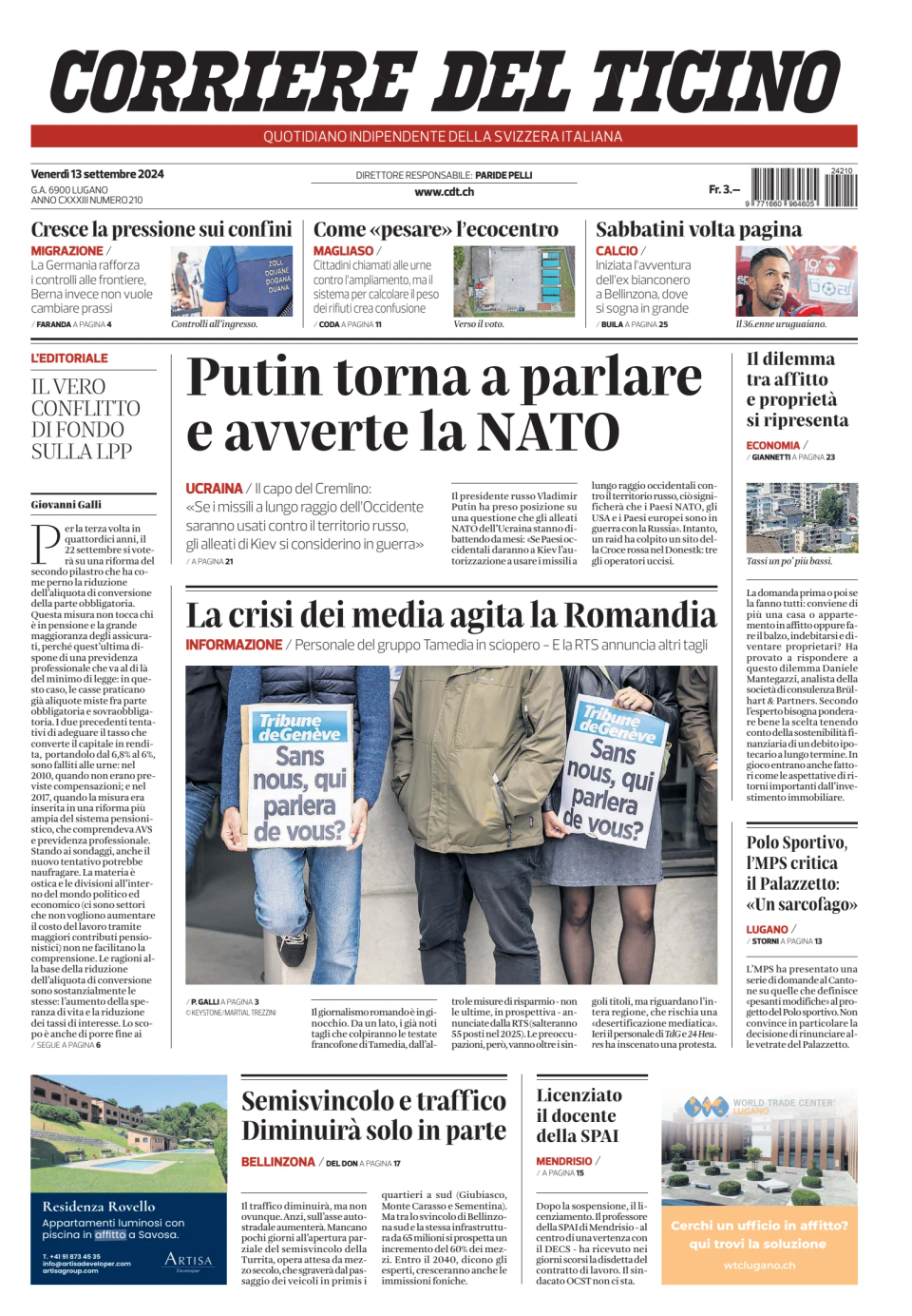 Prima-pagina-corriere-del-ticino-oggi-edizione-di-oggi-20240913