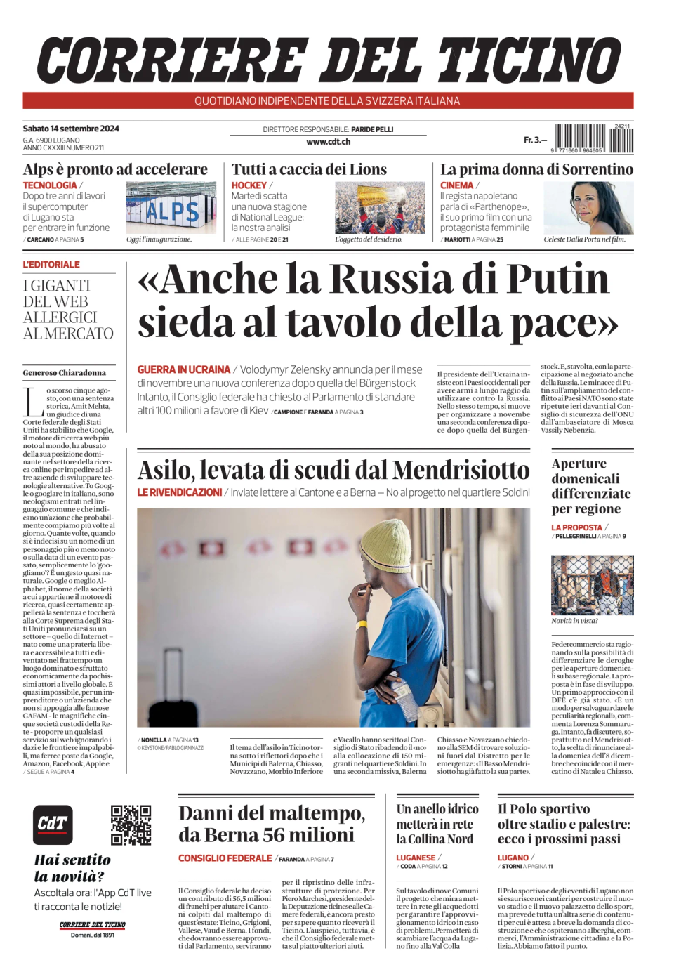 Prima-pagina-corriere-del-ticino-oggi-edizione-di-oggi-20240914