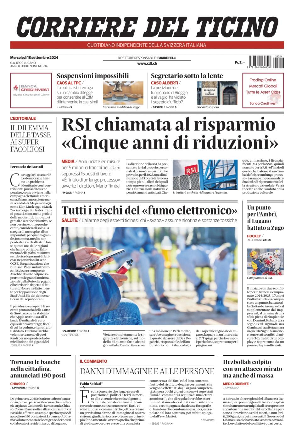 Prima-pagina-corriere-del-ticino-oggi-edizione-di-oggi-20240918