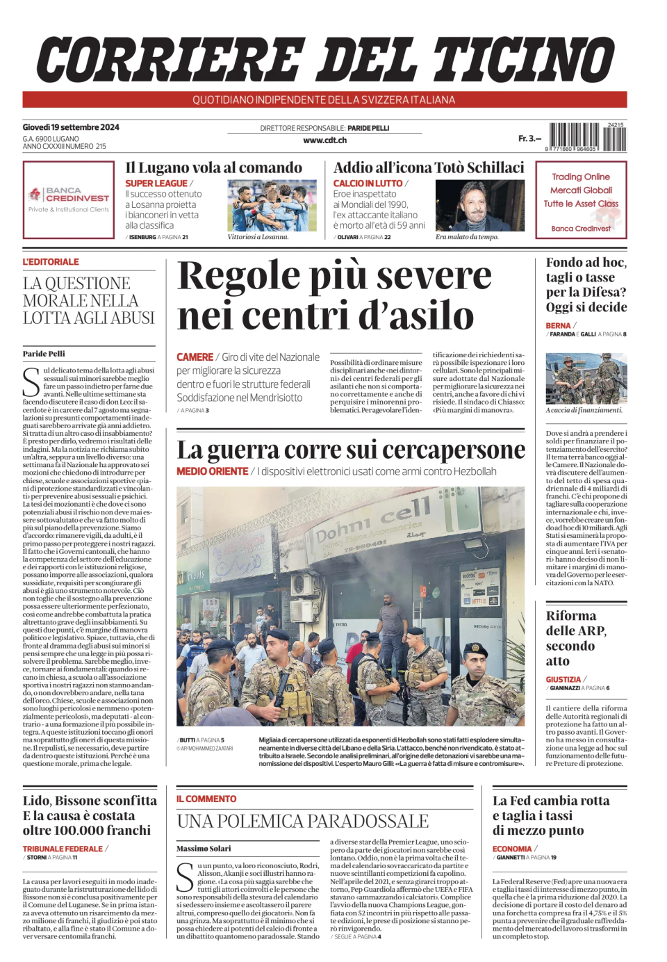 Prima-pagina-corriere-del-ticino-oggi-edizione-di-oggi-20240919