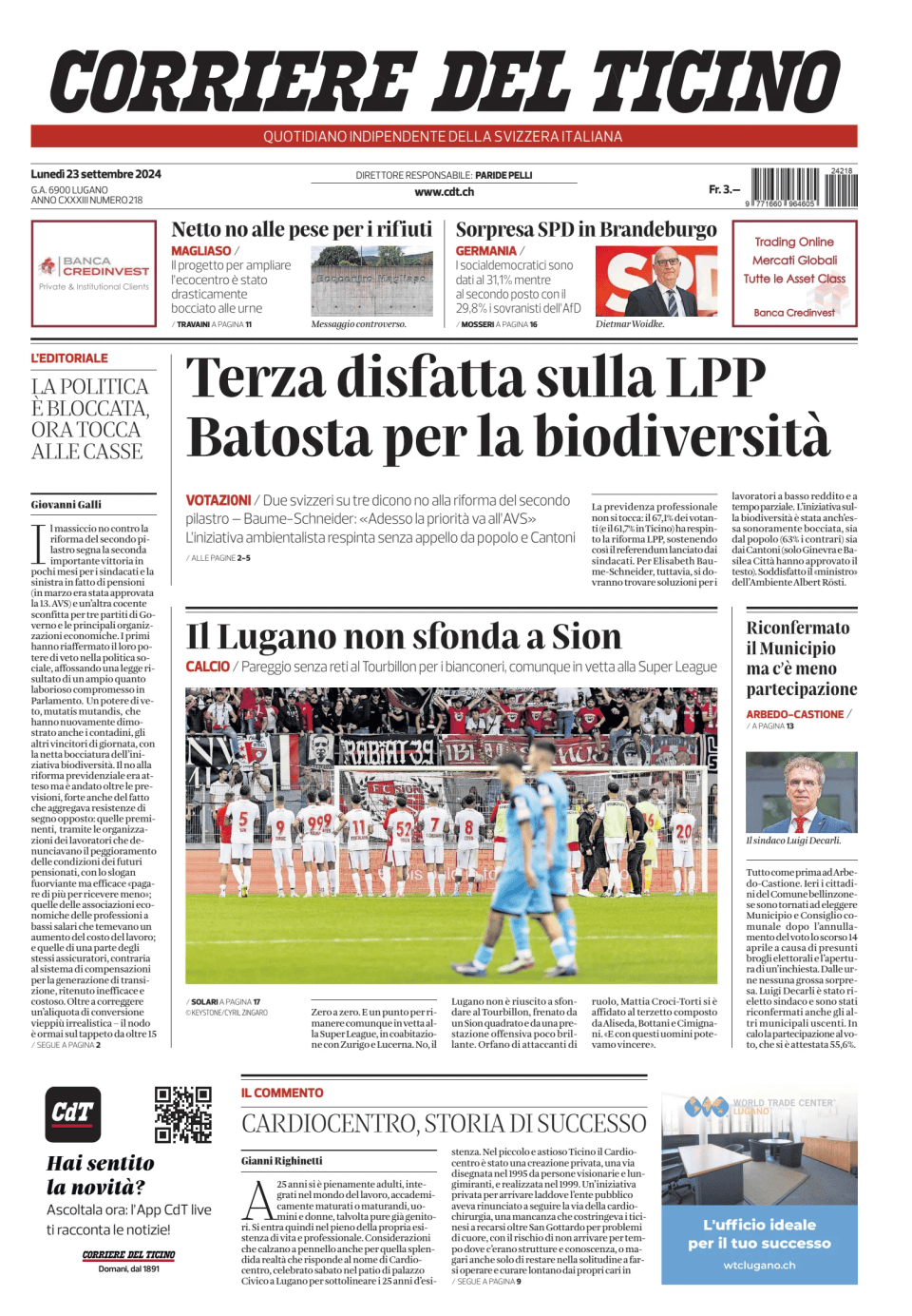 Prima-pagina-corriere-del-ticino-oggi-edizione-di-oggi-20240923