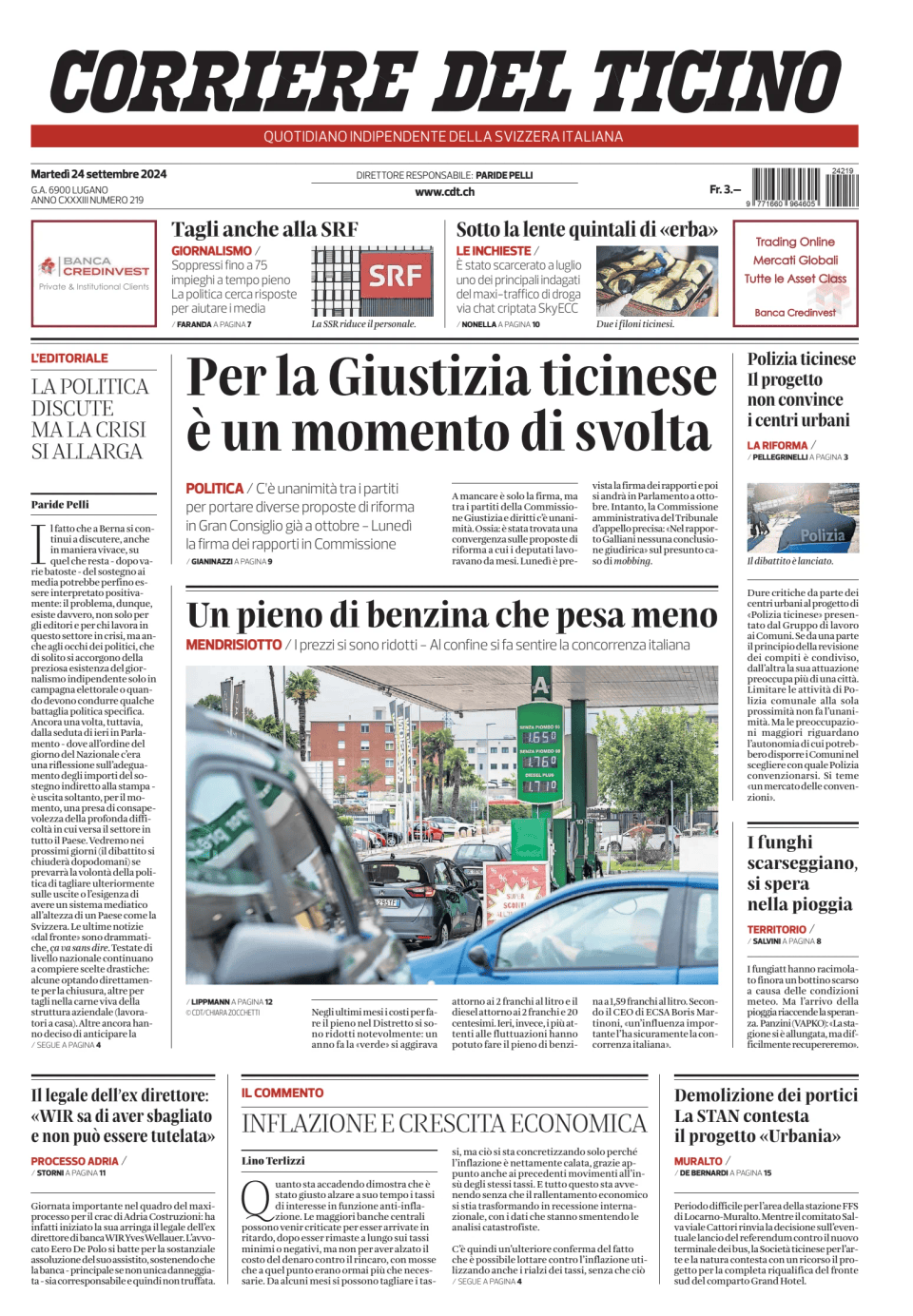 Prima-pagina-corriere-del-ticino-oggi-edizione-di-oggi-20240924