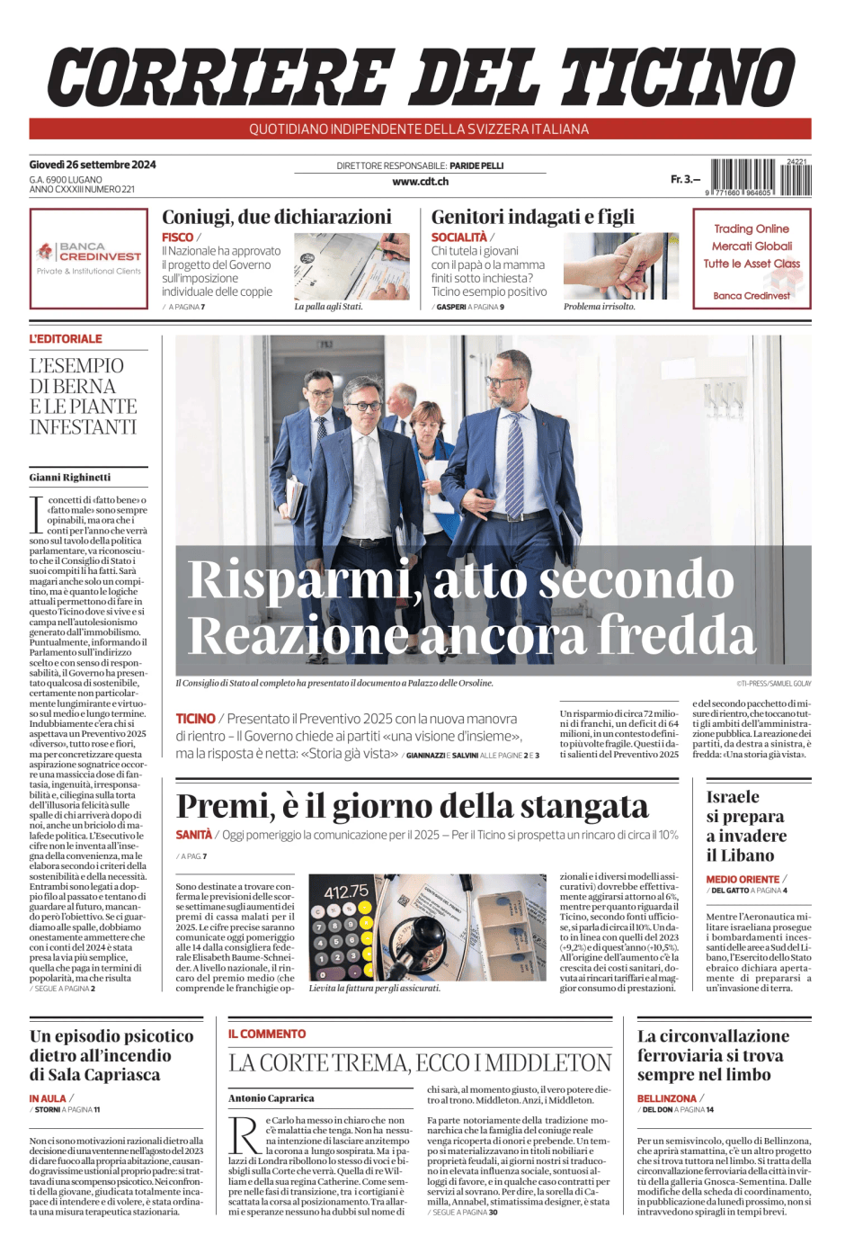 Prima-pagina-corriere-del-ticino-oggi-edizione-di-oggi-20240926